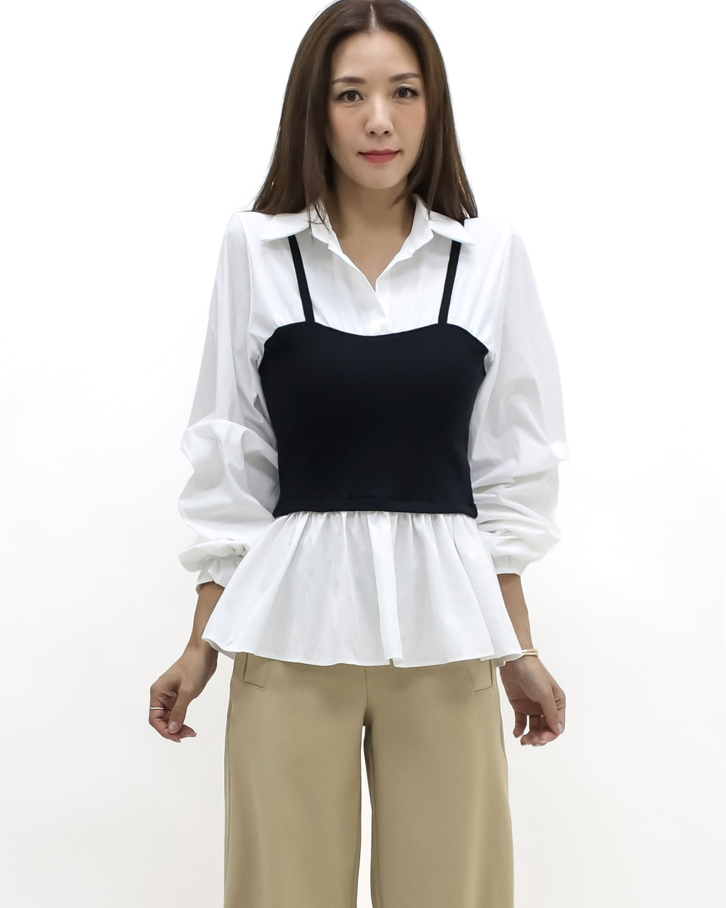 ivory w/ black knitted vest ruched sleeve shirt *pre-order*