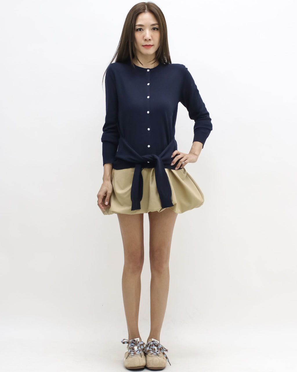navy tie-up front knitted cardigan