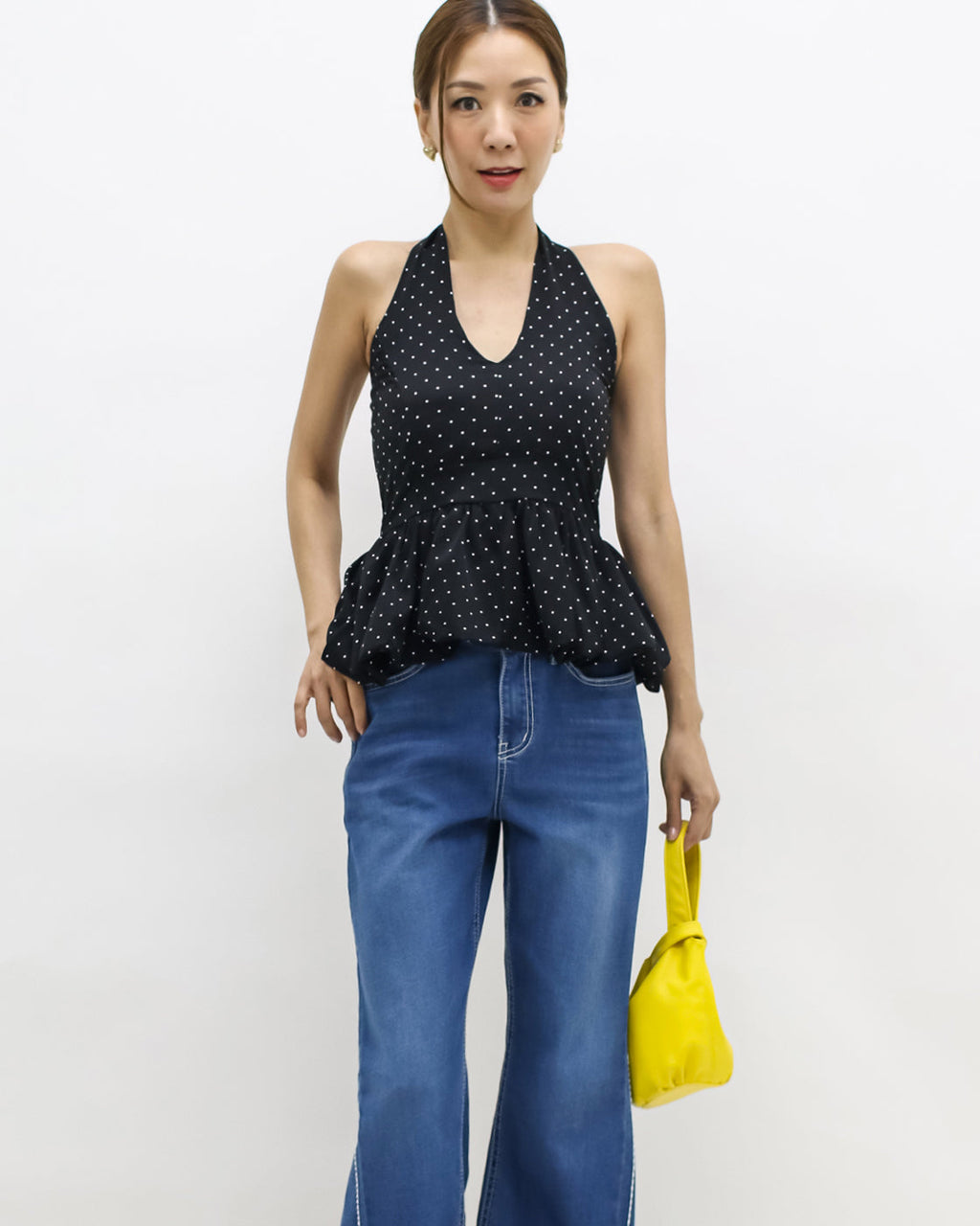 black w/ ivory polka dots halter neck bubble hem top *pre-order*
