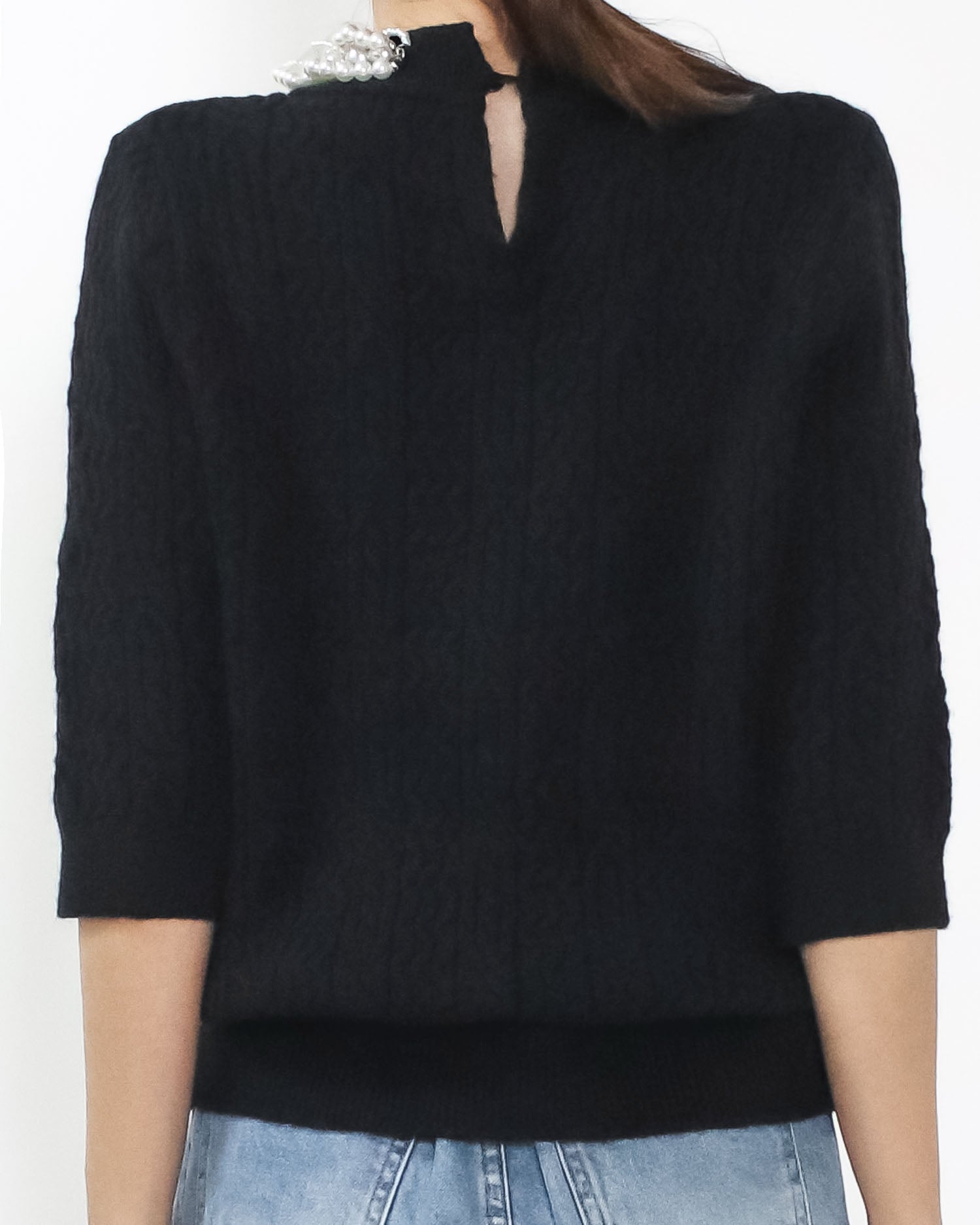 black knitted w/ pearls neckline top