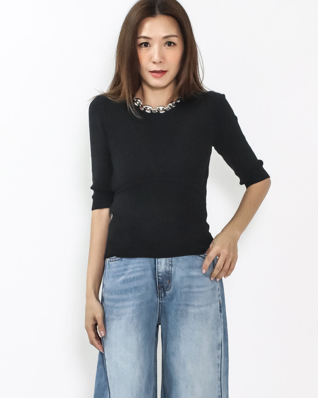 black fine knitted w/ silver chain neckline top