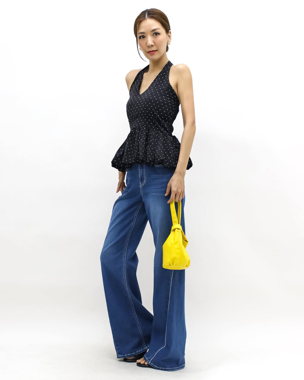 black w/ ivory polka dots halter neck bubble hem top *pre-order*