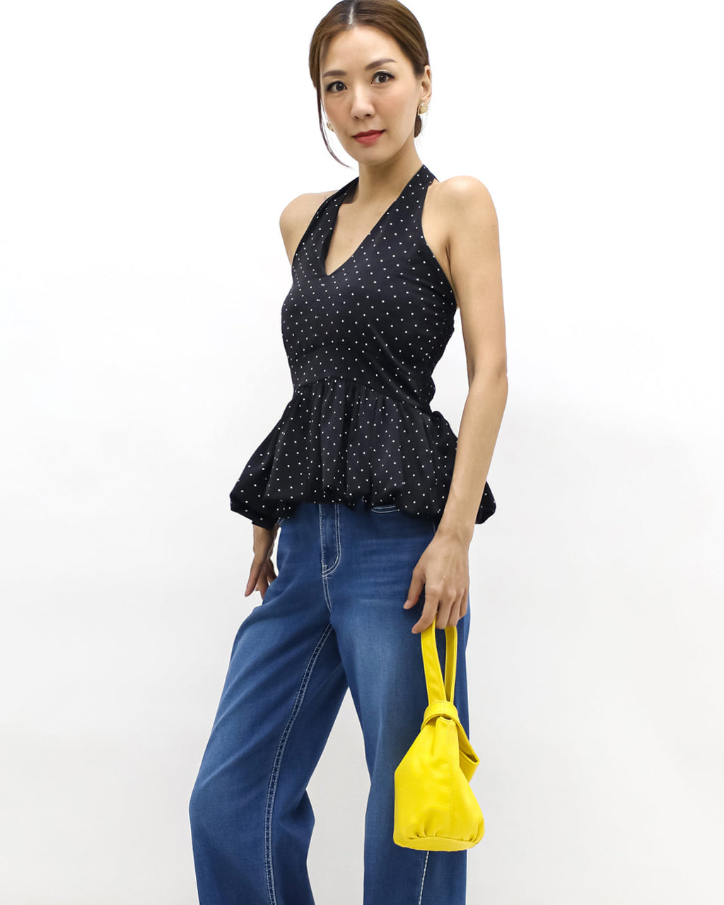 black w/ ivory polka dots halter neck bubble hem top *pre-order*