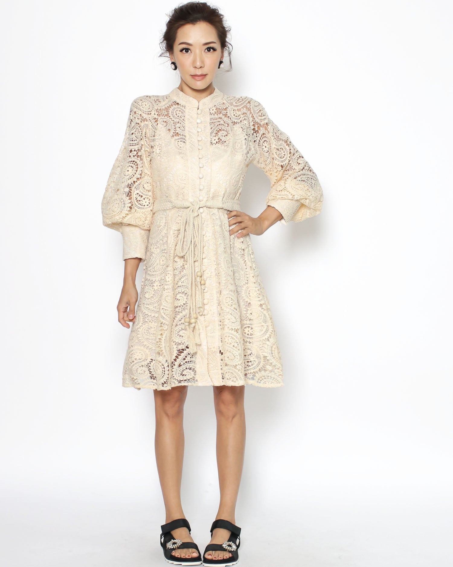 beige crochet dress with rope belt *pre-order*