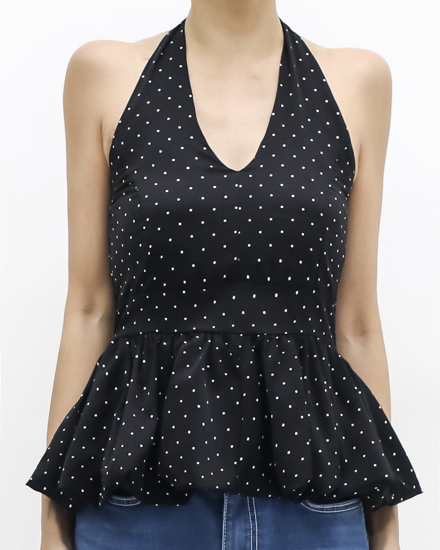 black w/ ivory polka dots halter neck bubble hem top *pre-order*