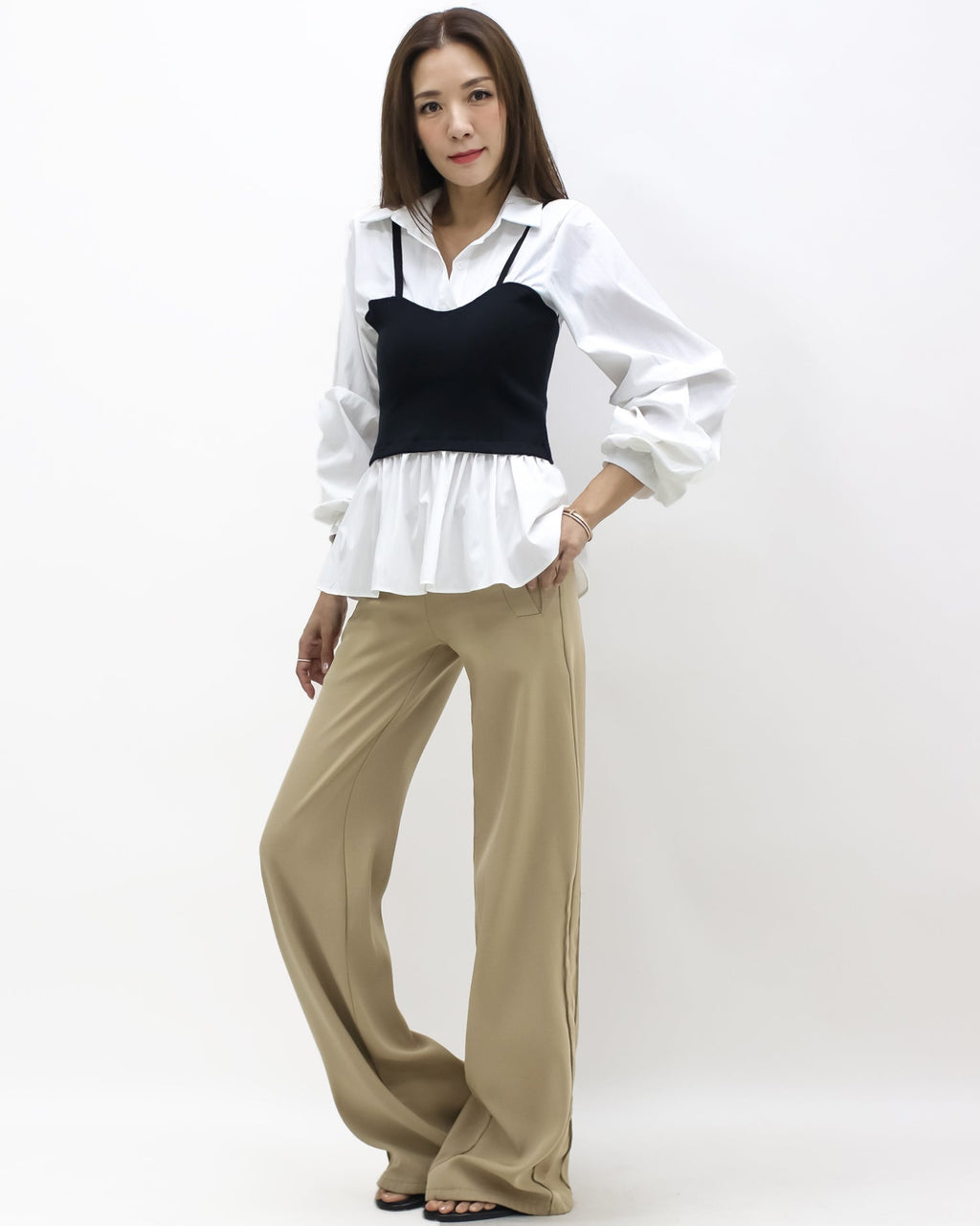 ivory w/ black knitted vest ruched sleeve shirt *pre-order*