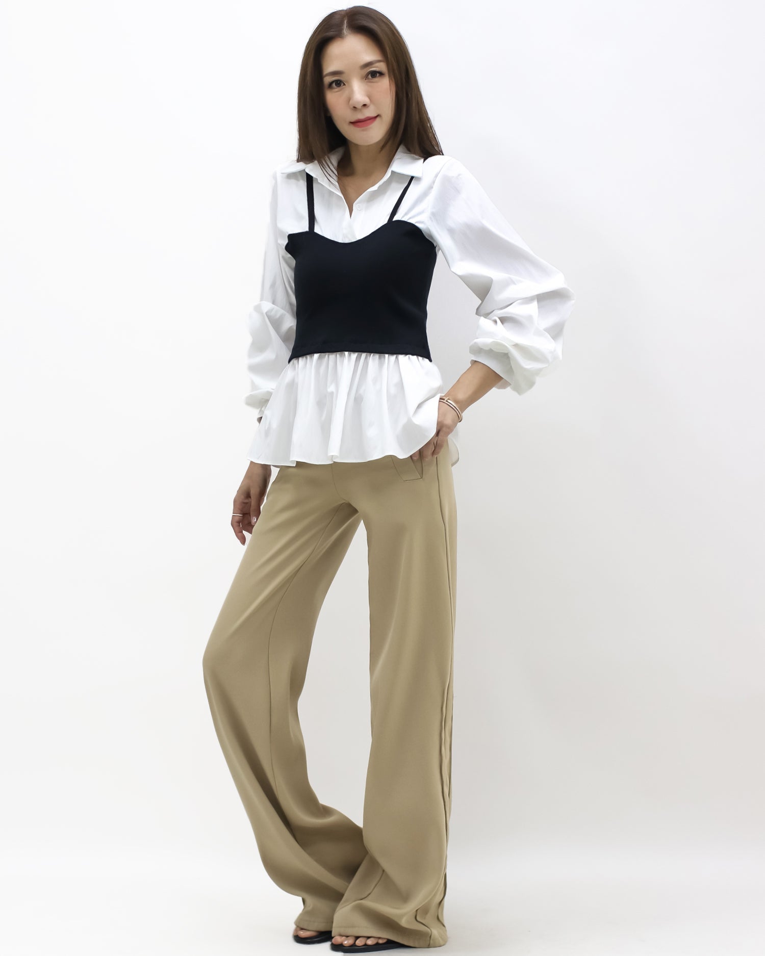 ivory w/ black knitted vest ruched sleeve shirt *pre-order*