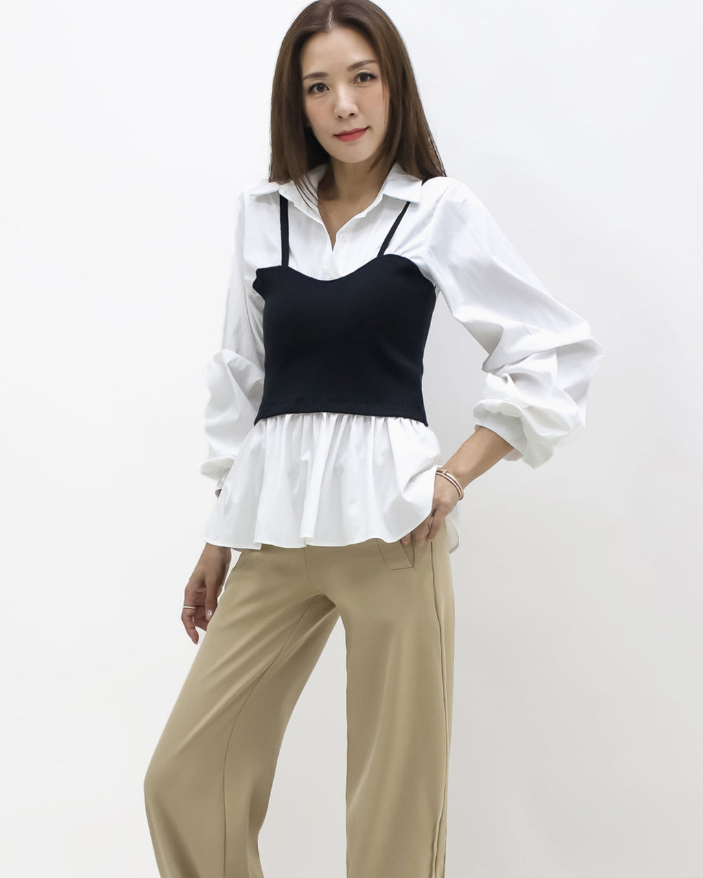 ivory w/ black knitted vest ruched sleeve shirt *pre-order*