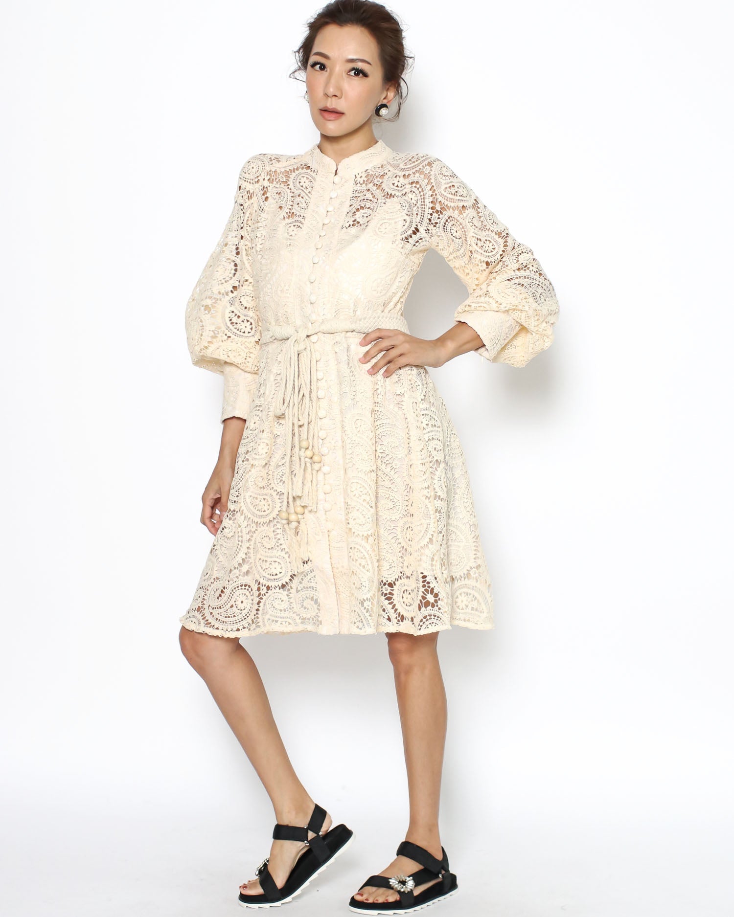 beige crochet dress with rope belt *pre-order*