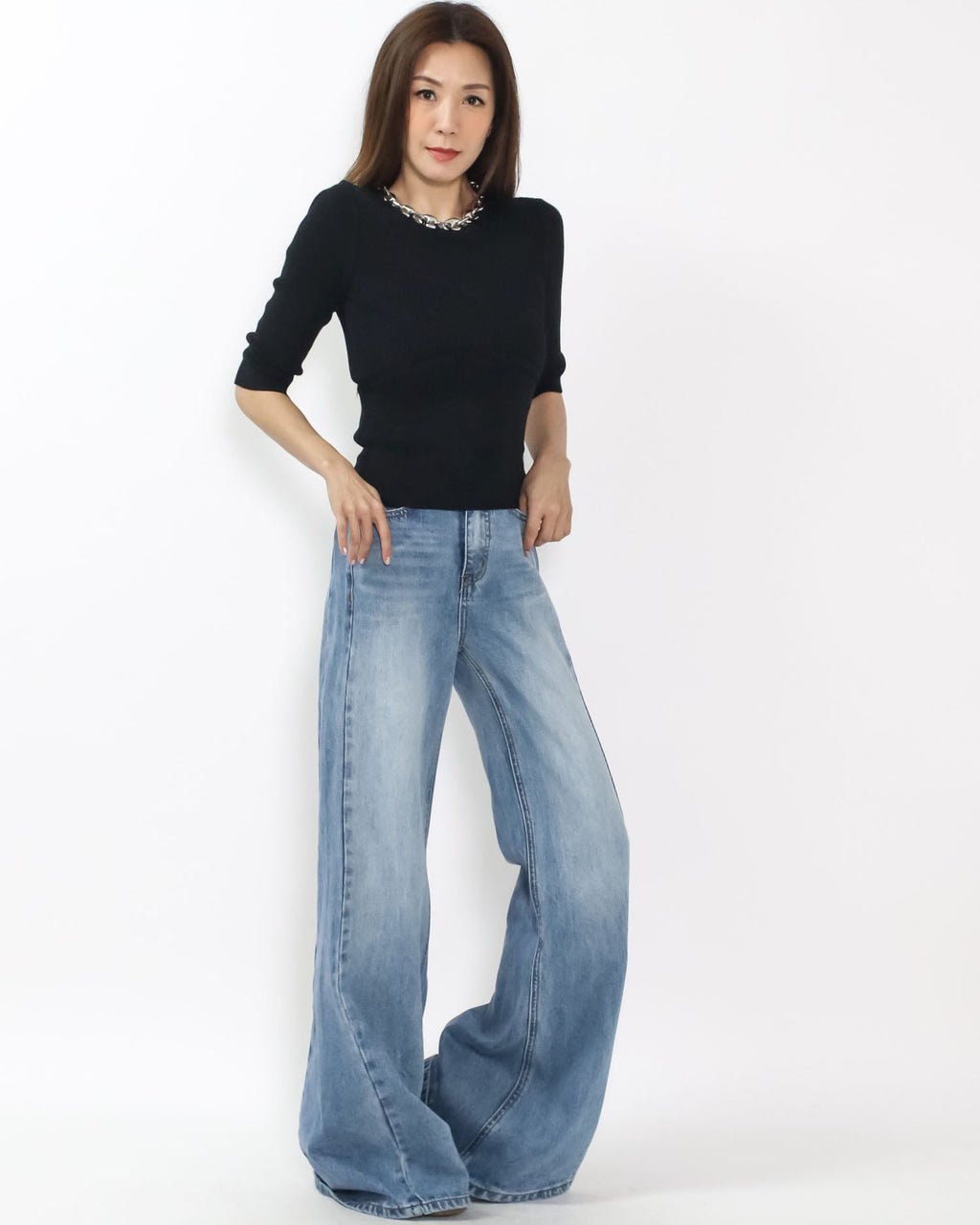 black fine knitted w/ silver chain neckline top