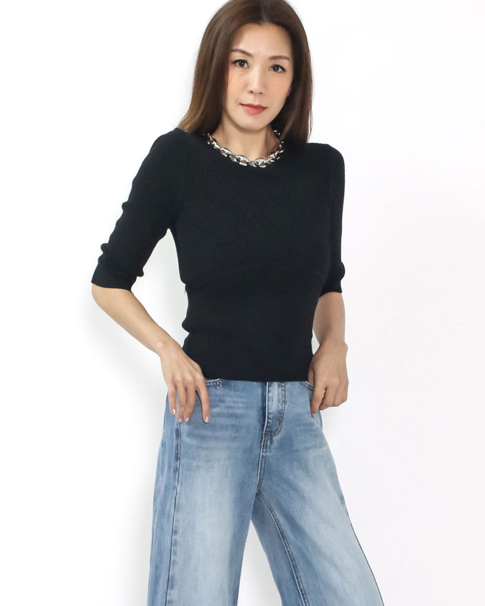 black fine knitted w/ silver chain neckline top