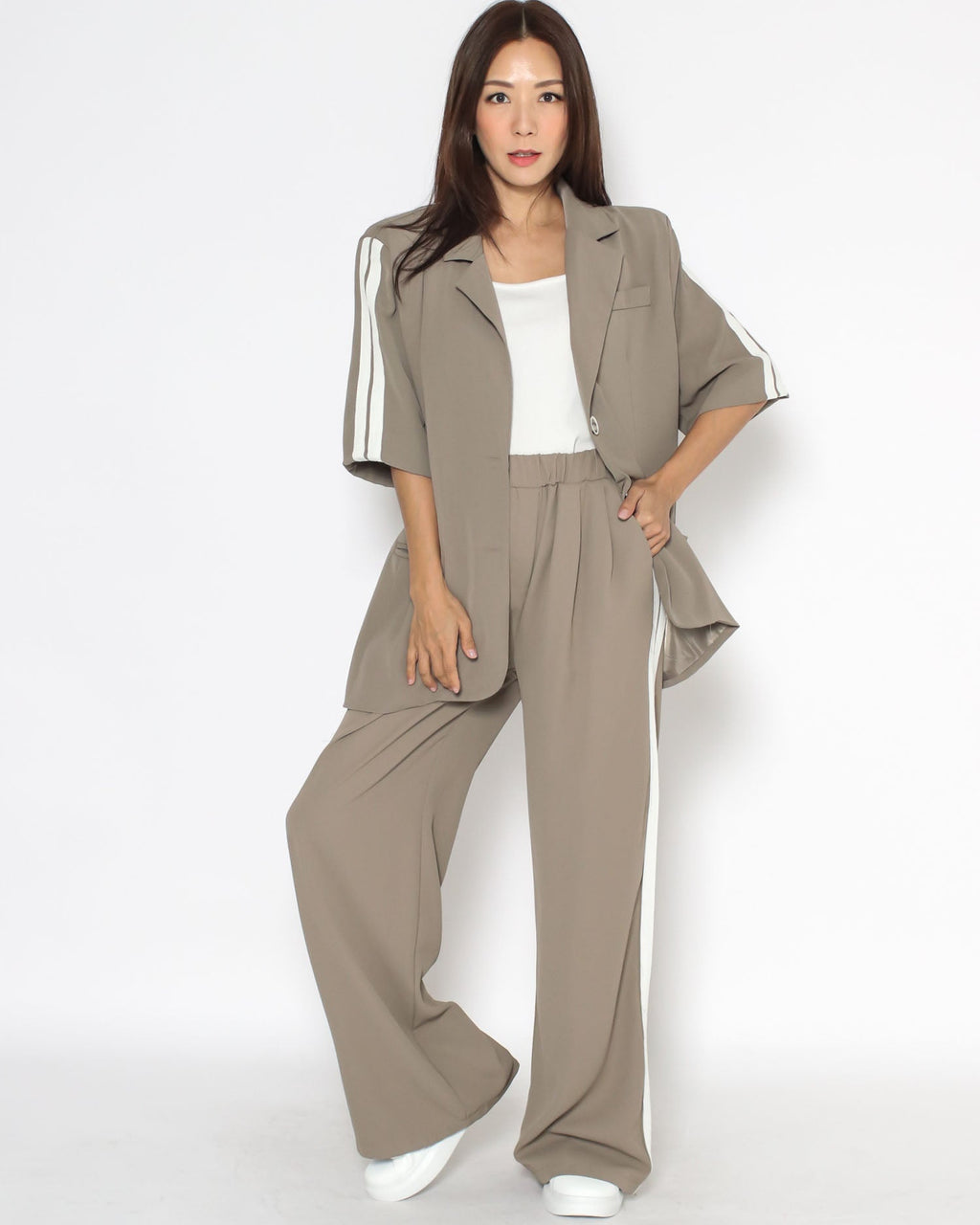 beige & ivory stripes chiffon jacket & straight pants set *pre-order*