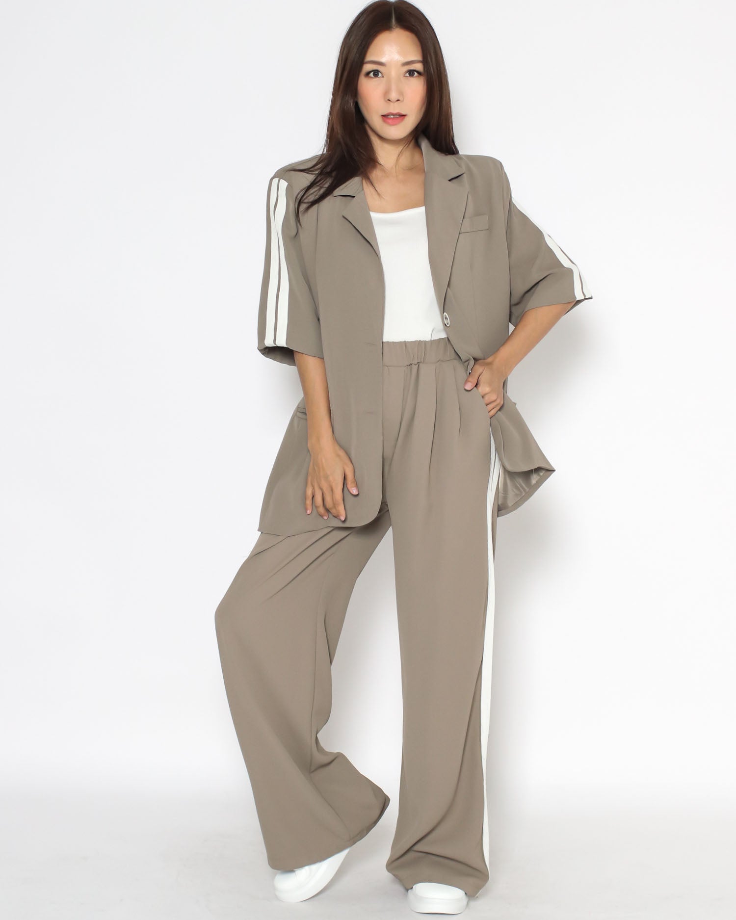 beige & ivory stripes chiffon jacket & straight pants set *pre-order*