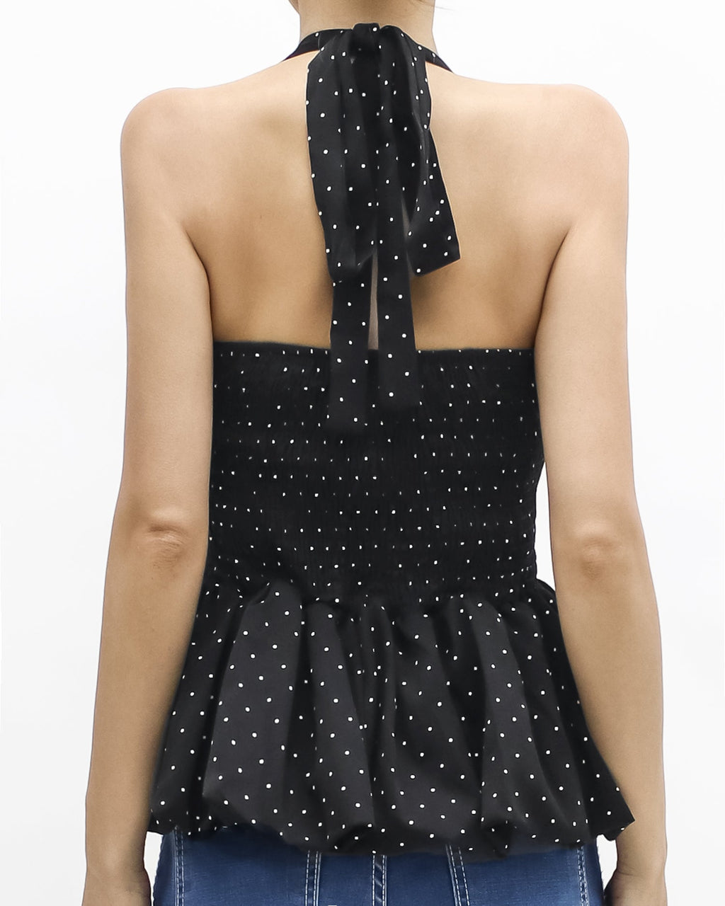 black w/ ivory polka dots halter neck bubble hem top *pre-order*