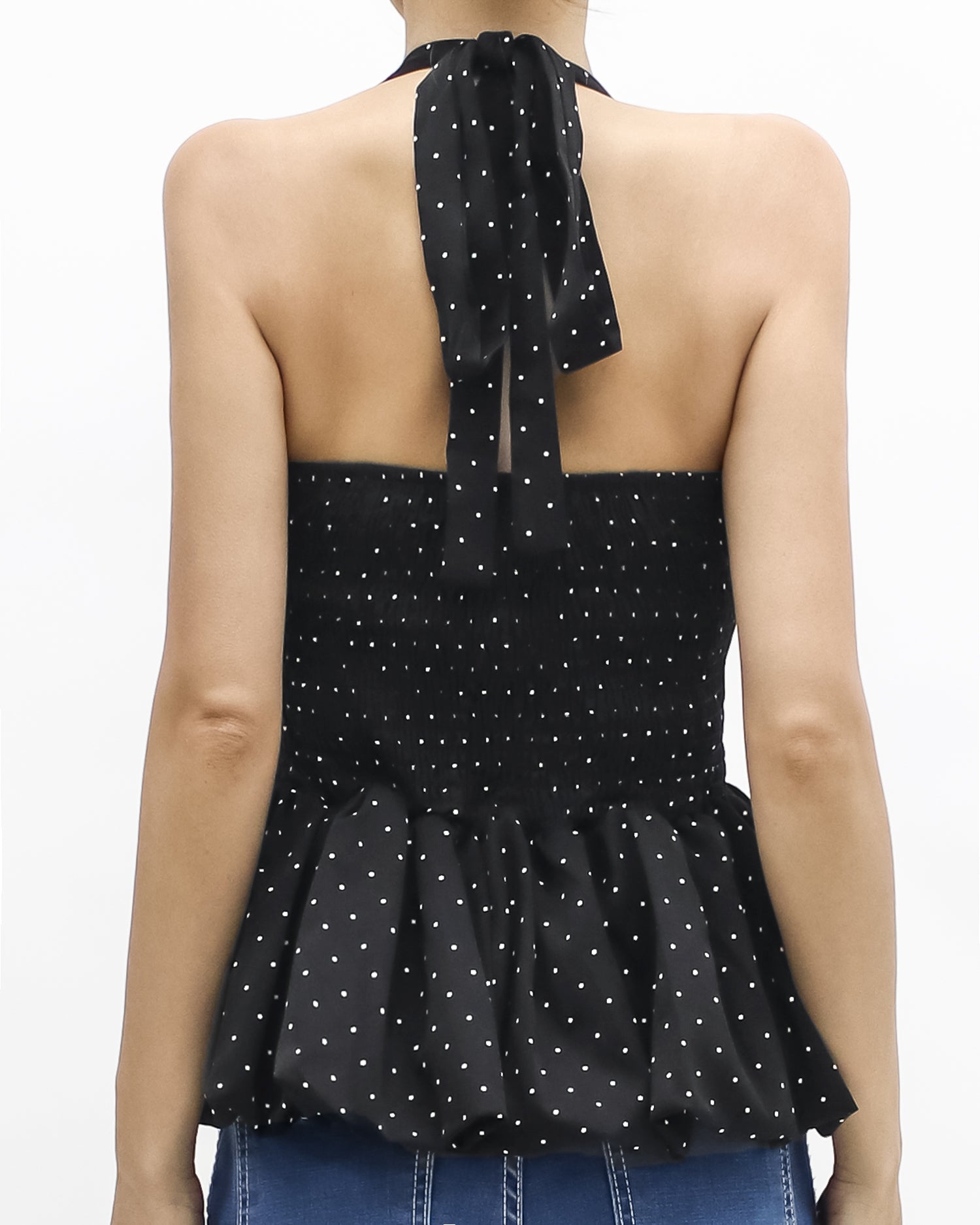 black w/ ivory polka dots halter neck bubble hem top *pre-order*