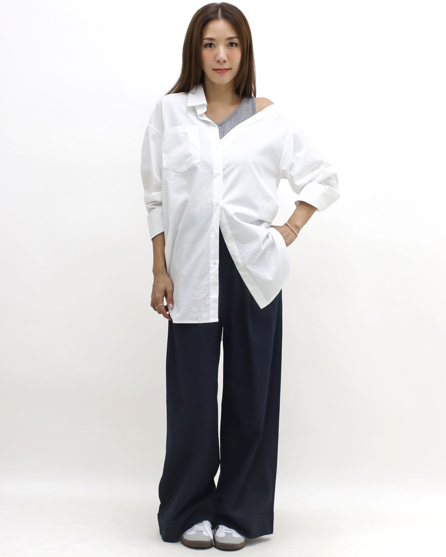 ivory & grey vest cutout shoulder shirt