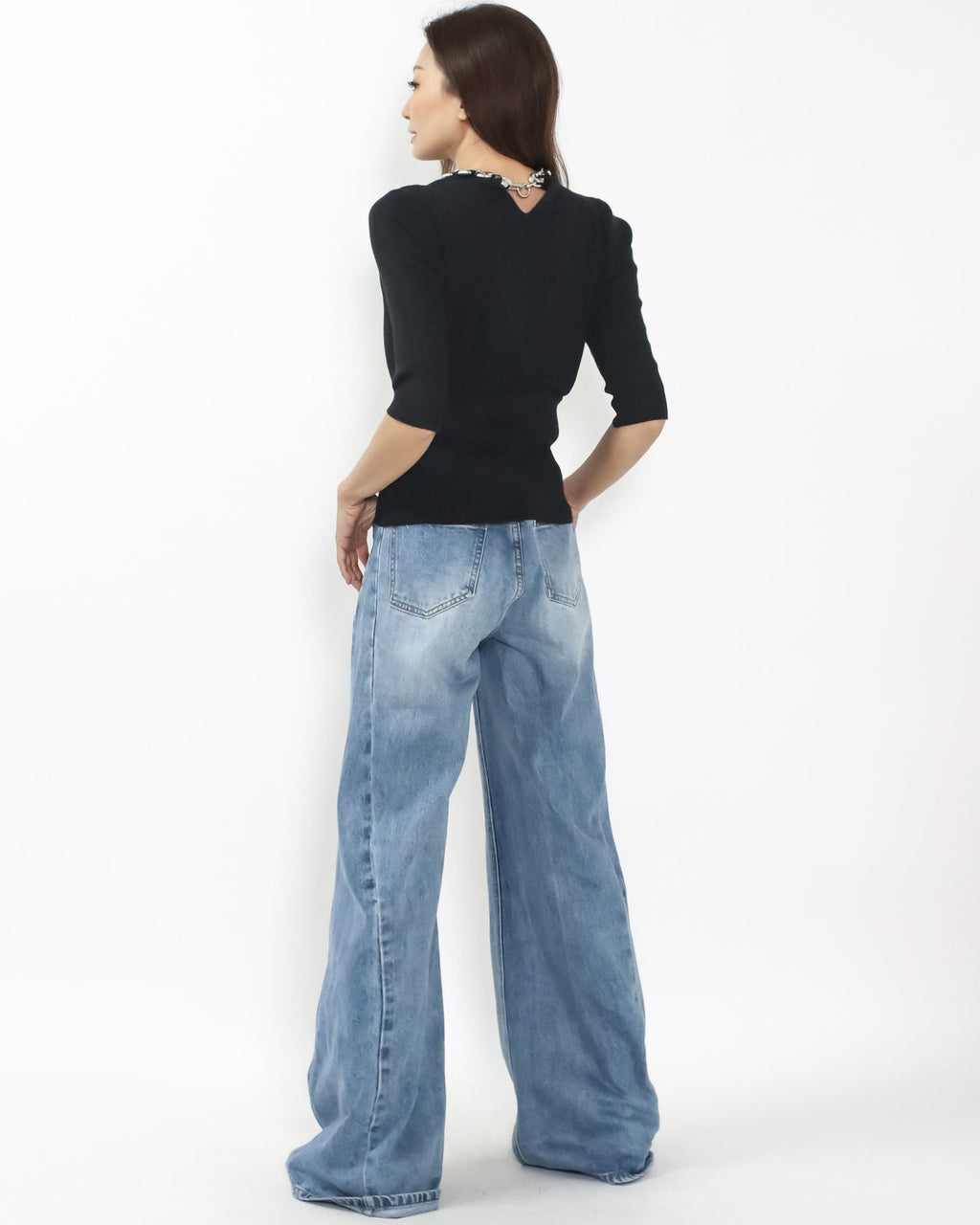 black fine knitted w/ silver chain neckline top