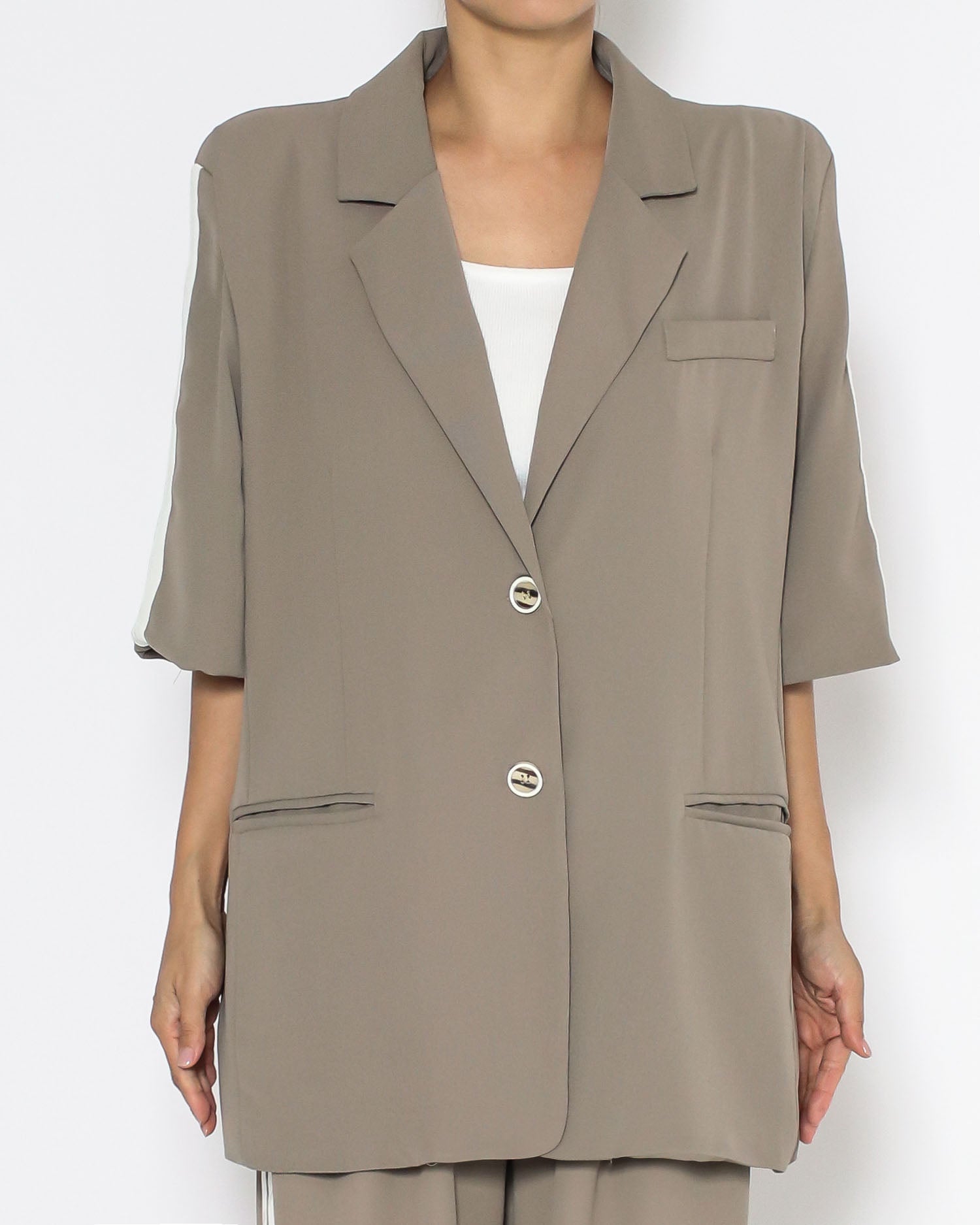 beige & ivory stripes chiffon jacket & straight pants set *pre-order*