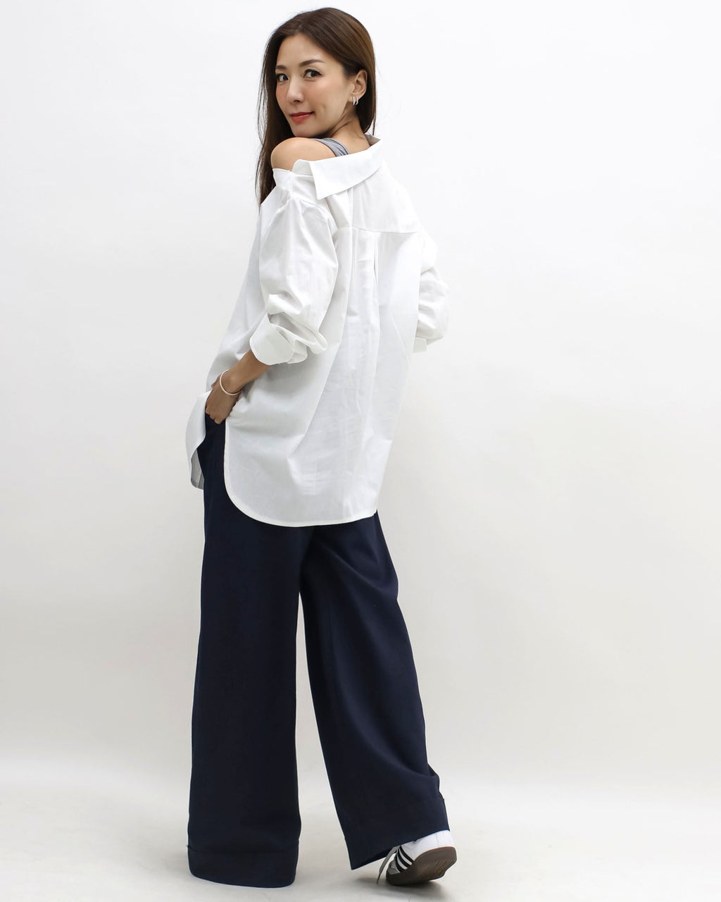 ivory & grey vest cutout shoulder shirt