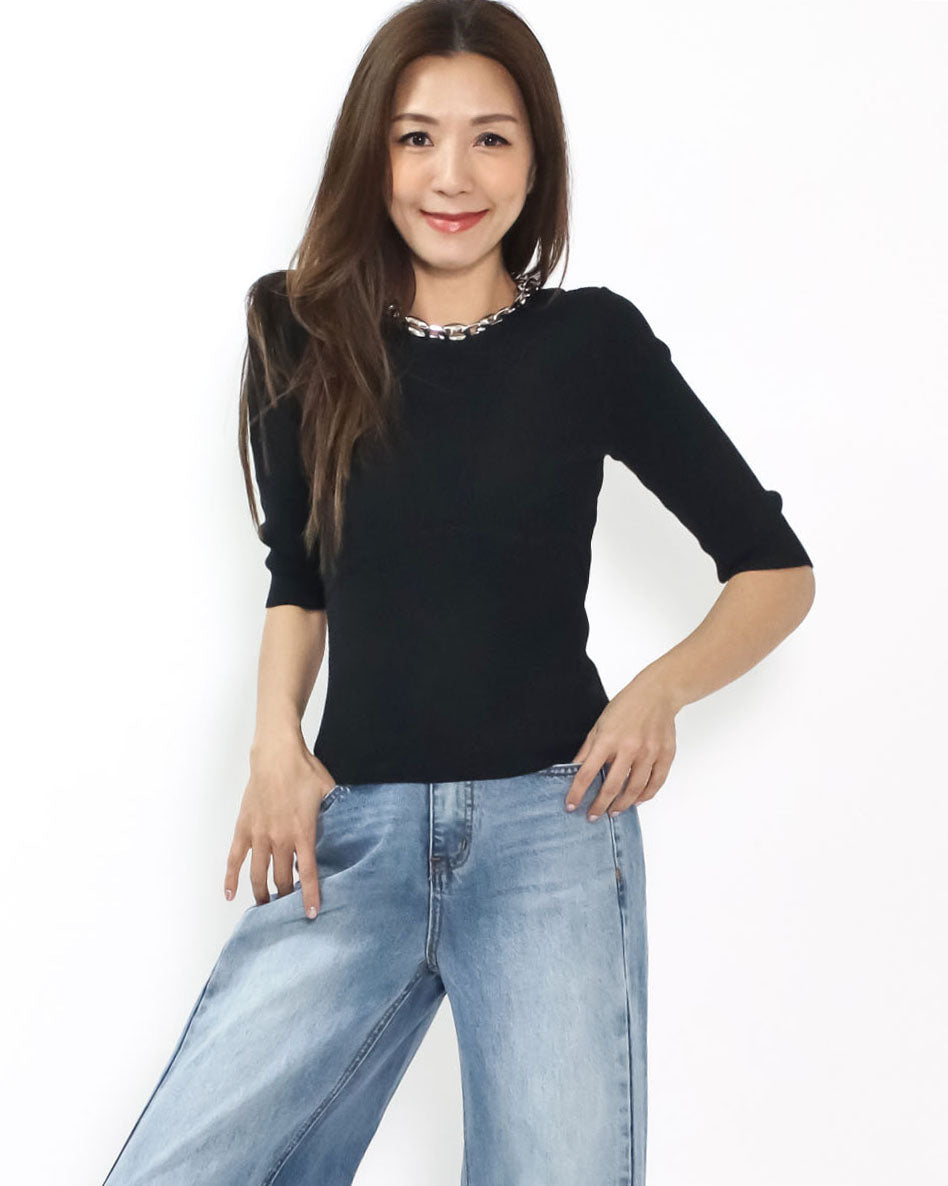 black fine knitted w/ silver chain neckline top