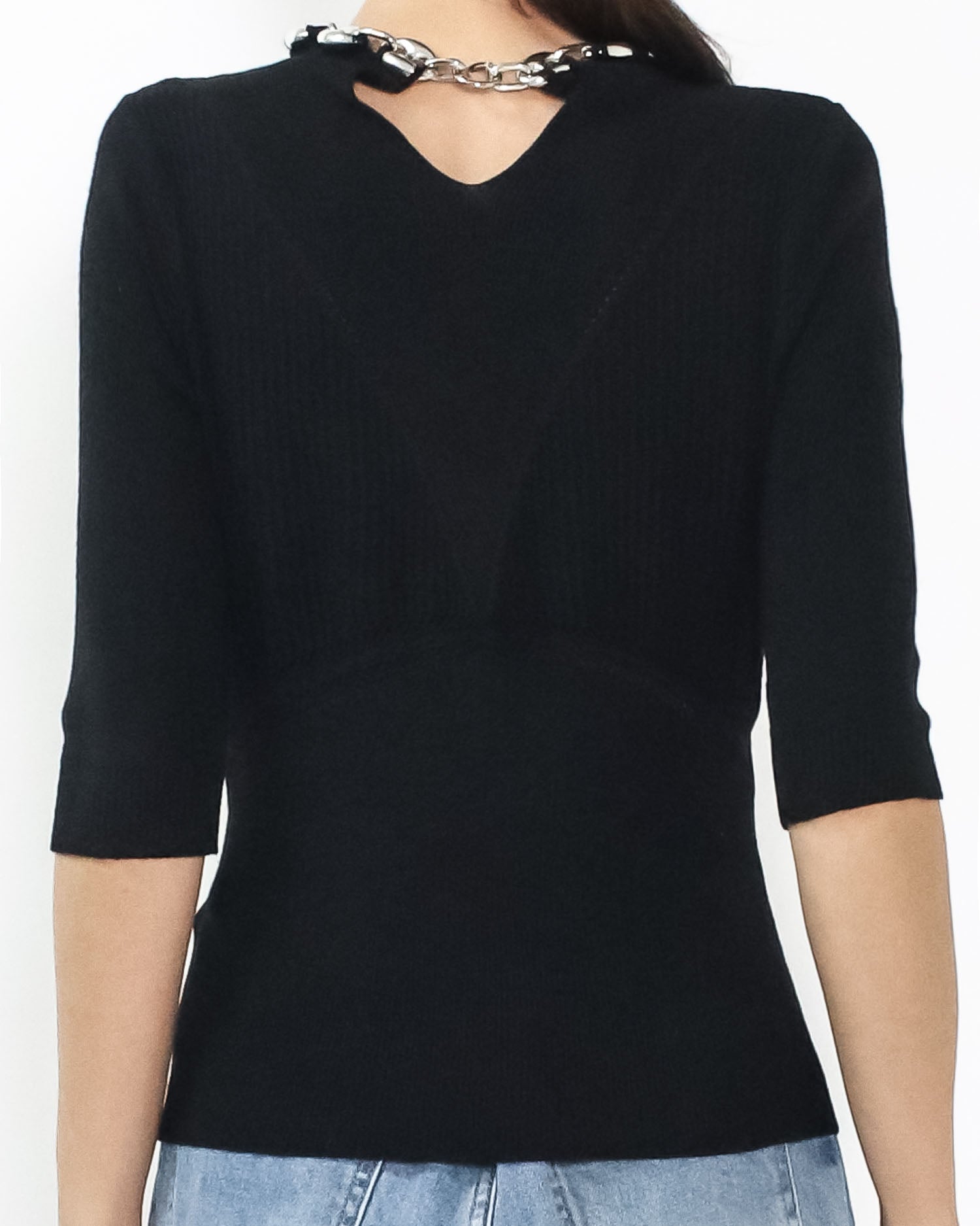 black fine knitted w/ silver chain neckline top