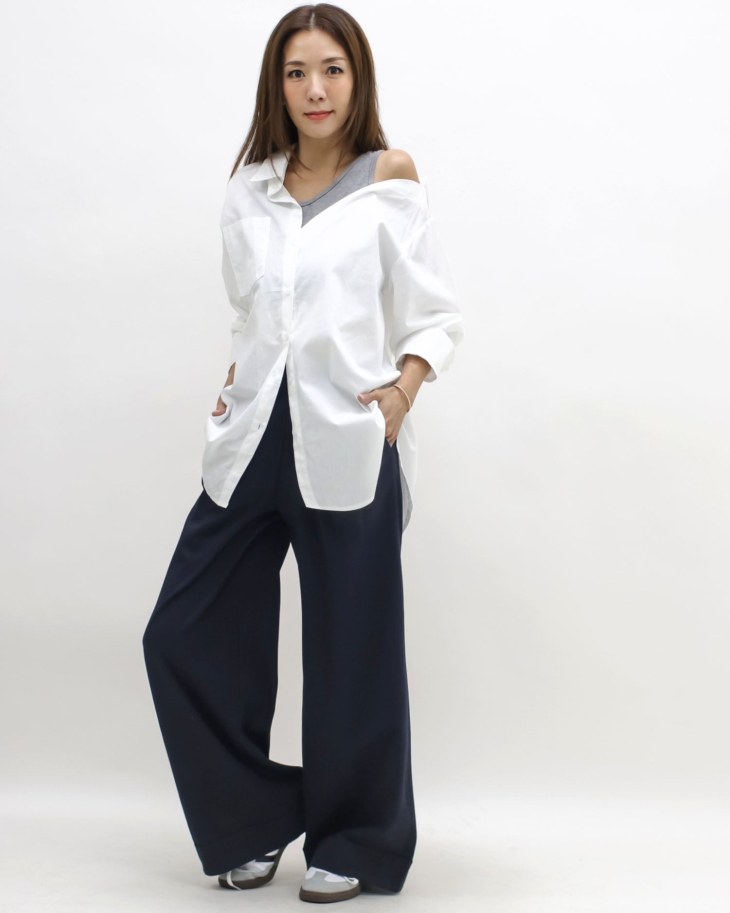 ivory & grey vest cutout shoulder shirt