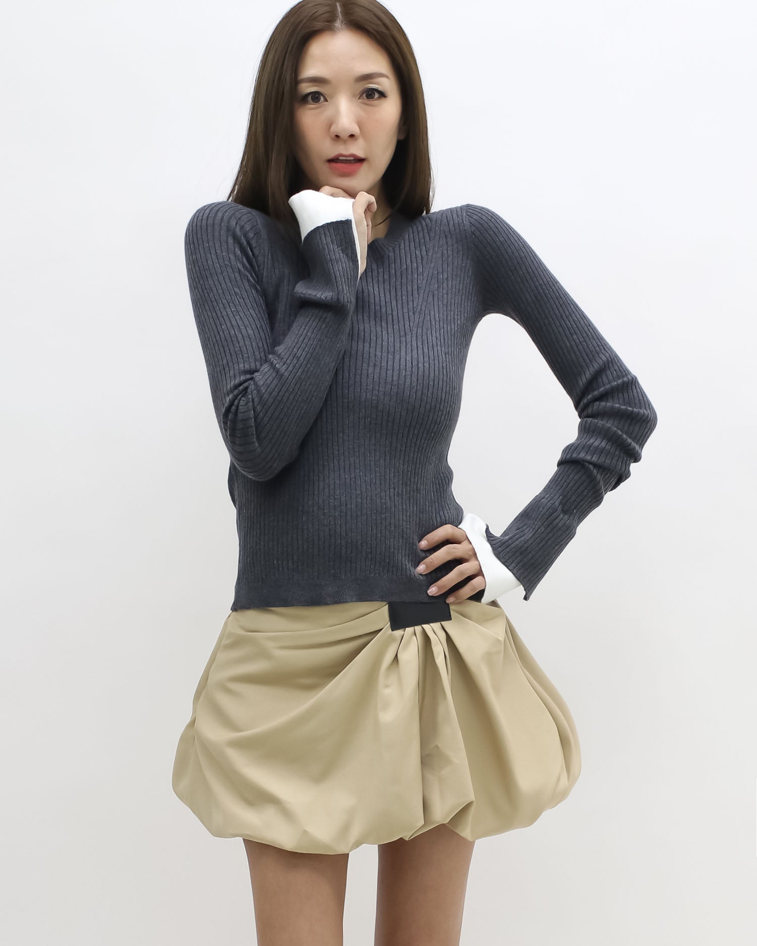 grey w/ ivory shirt cuffs knitted top