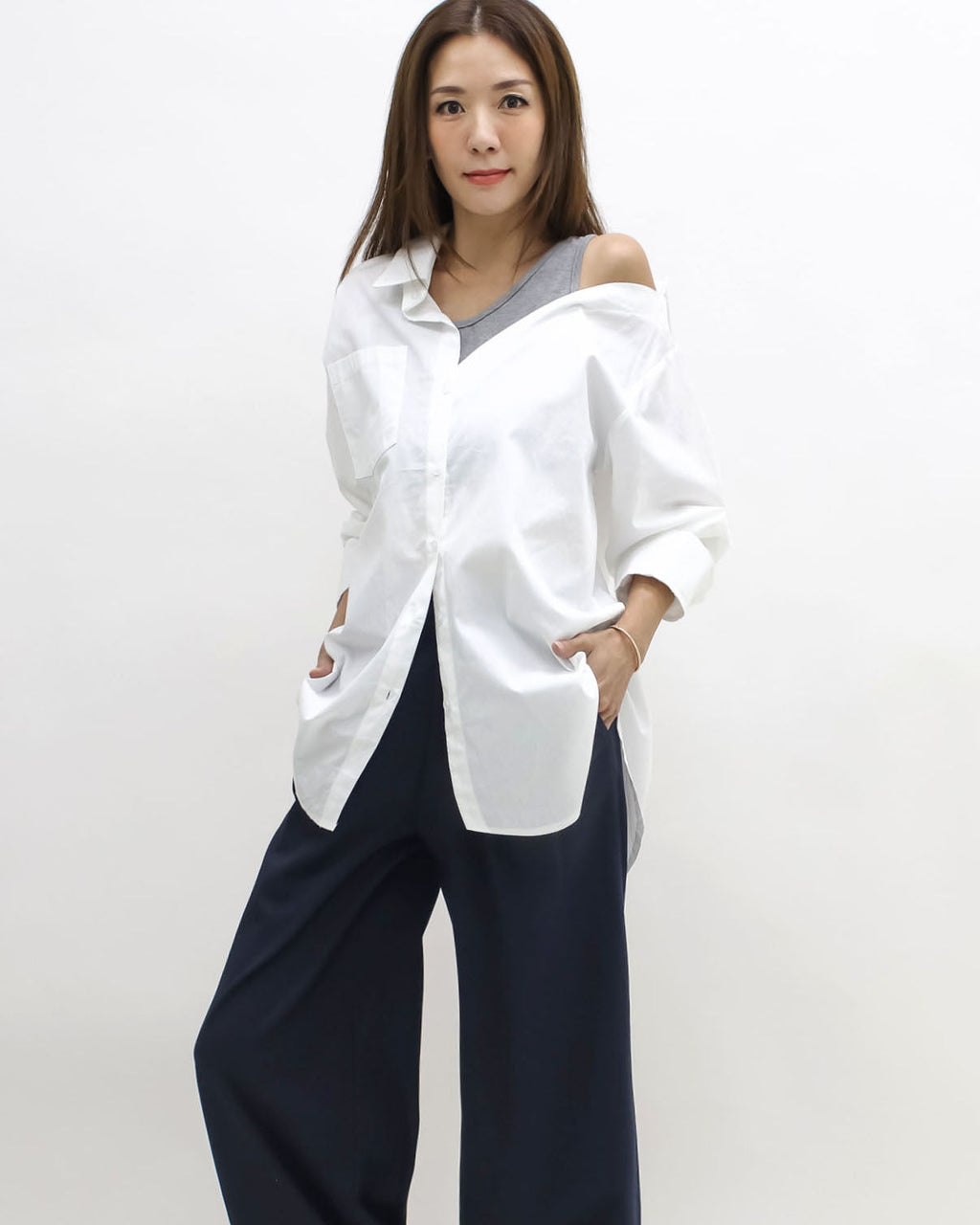 ivory & grey vest cutout shoulder shirt