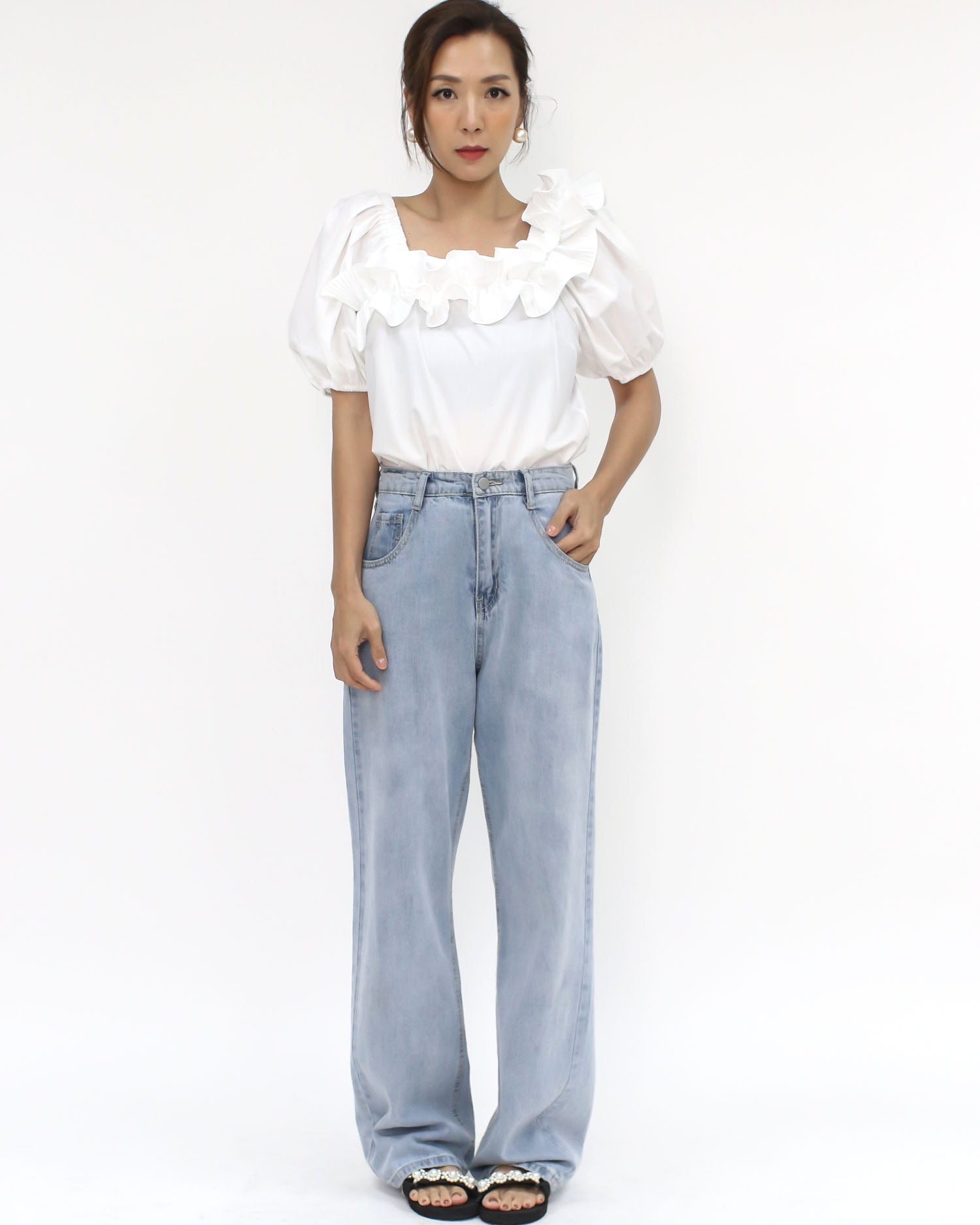 ivory pleats ruffles off shoulders shirt top
