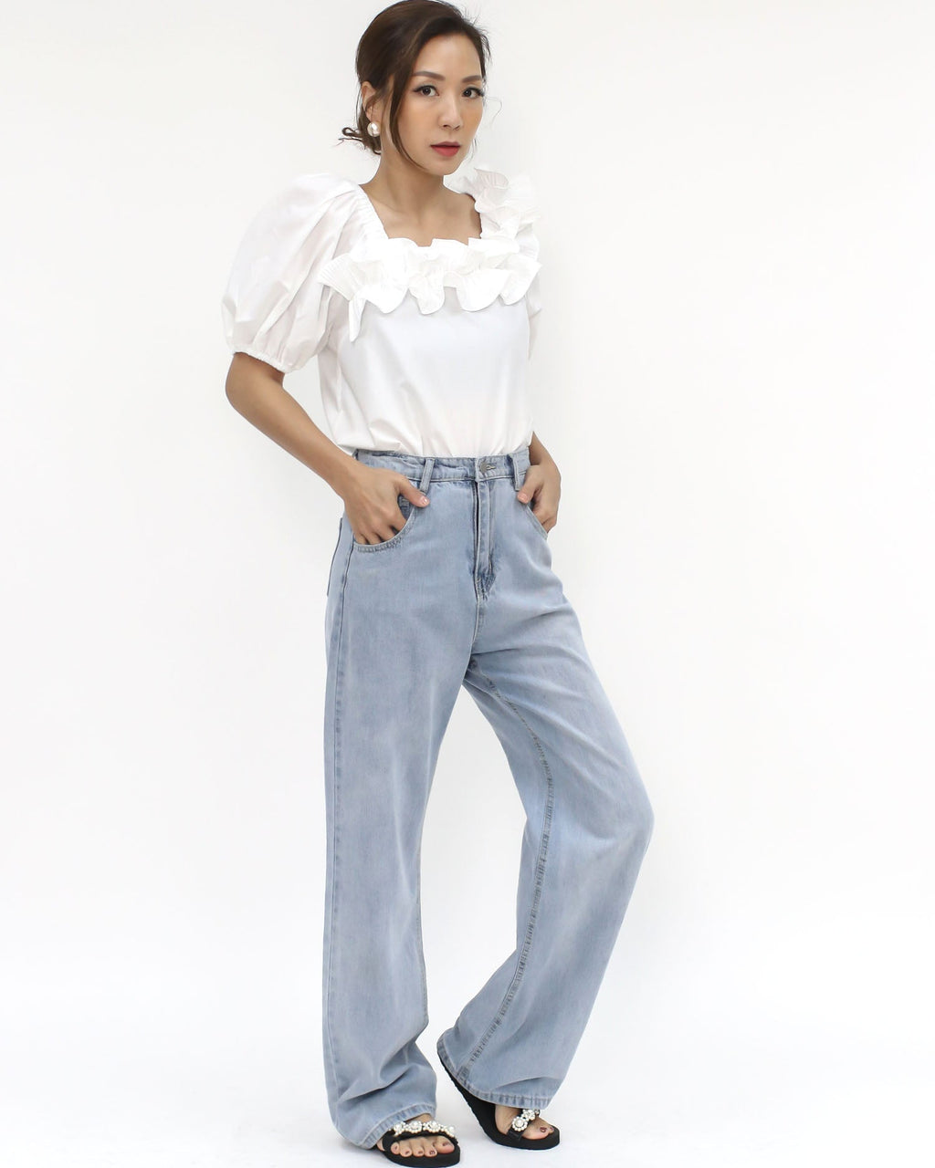 ivory pleats ruffles off shoulders shirt top