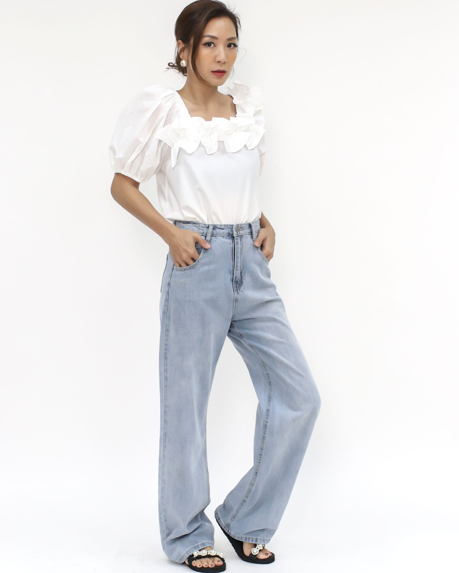ivory pleats ruffles off shoulders shirt top