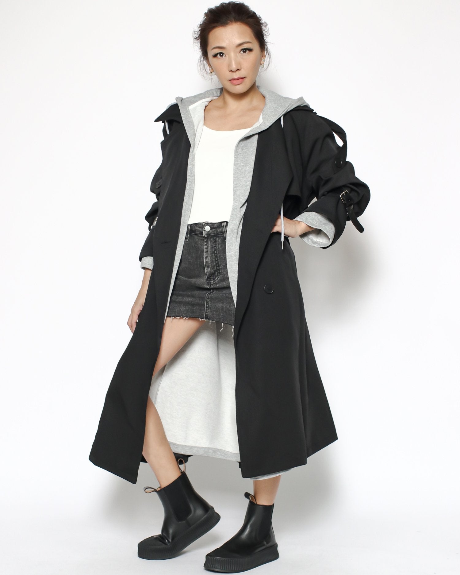 black trench jacket & grey hoodie set with belt*pre-order*