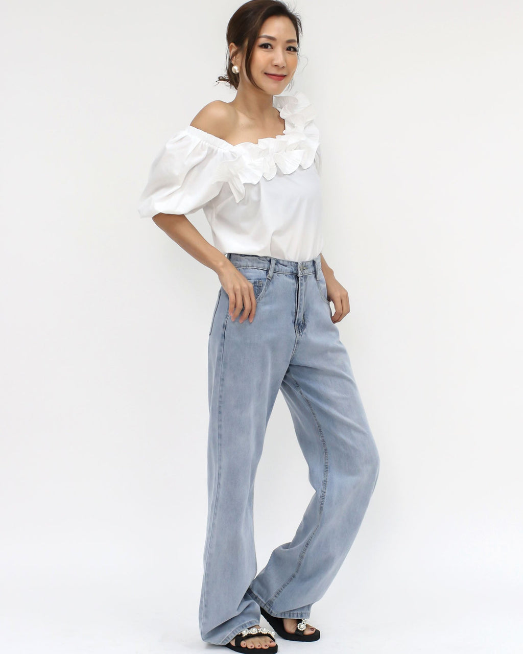 ivory pleats ruffles off shoulders shirt top