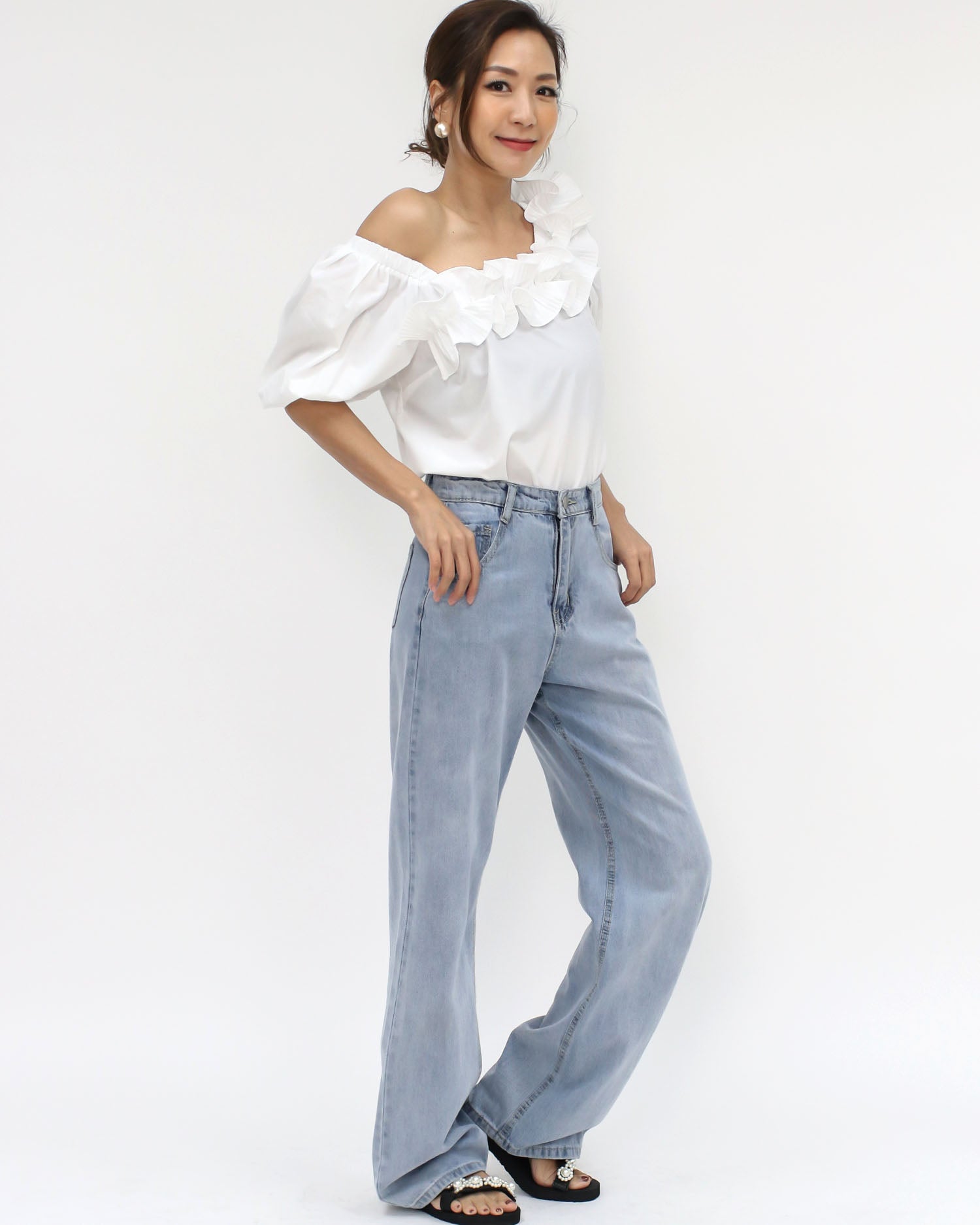 ivory pleats ruffles off shoulders shirt top
