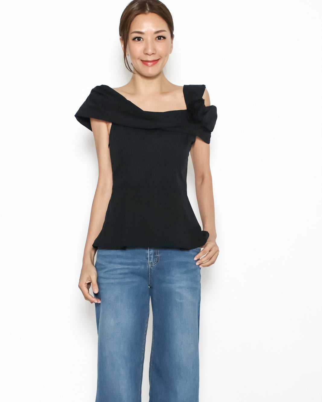 black cutout shoulder flower shirt top *pre-order*