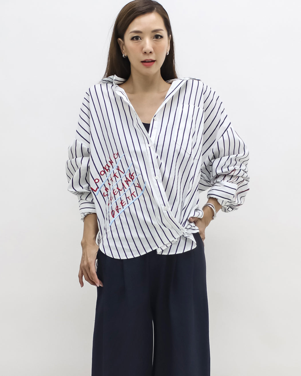ivory & navy stripes w/ embroidered front shirt *pre-order*