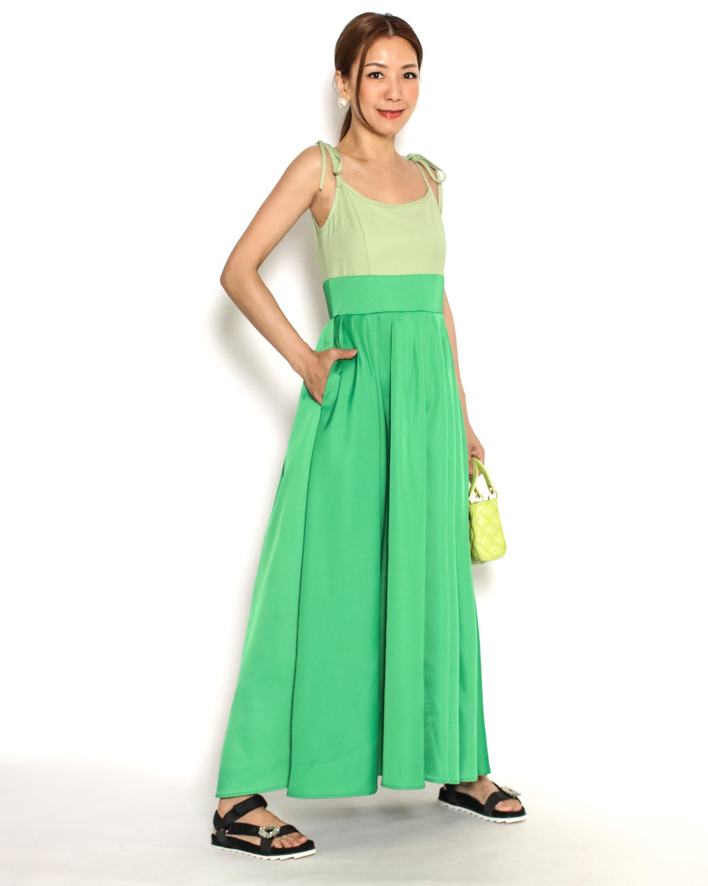 green contrast strappy longline dress