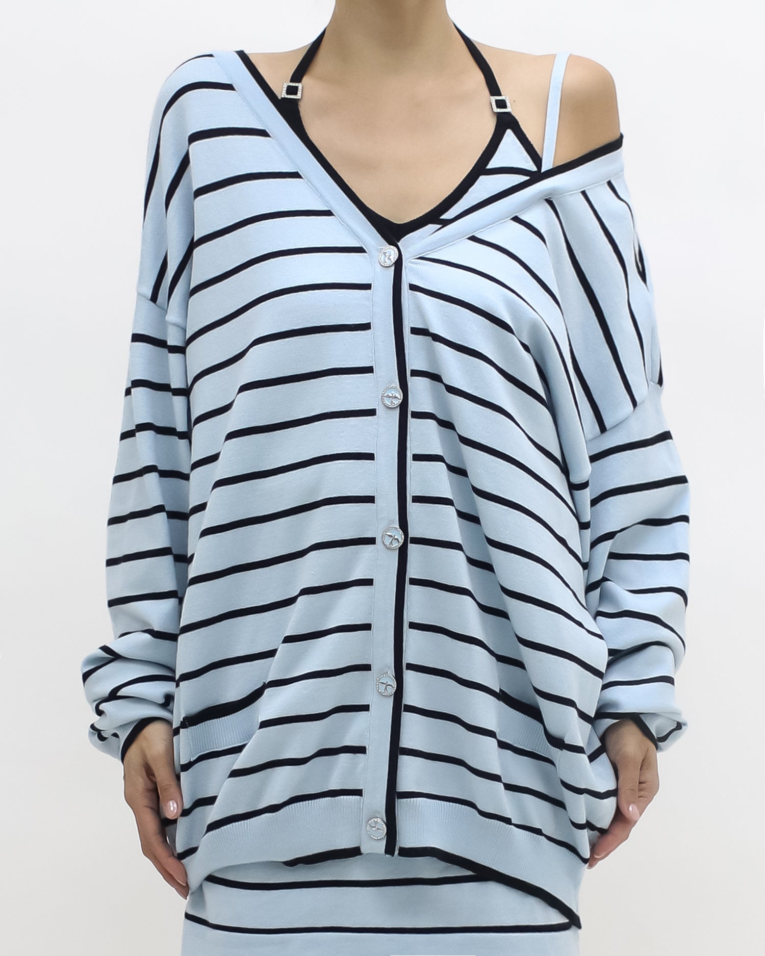 blue stripes knitted vest cardigan & skort *pre-order*