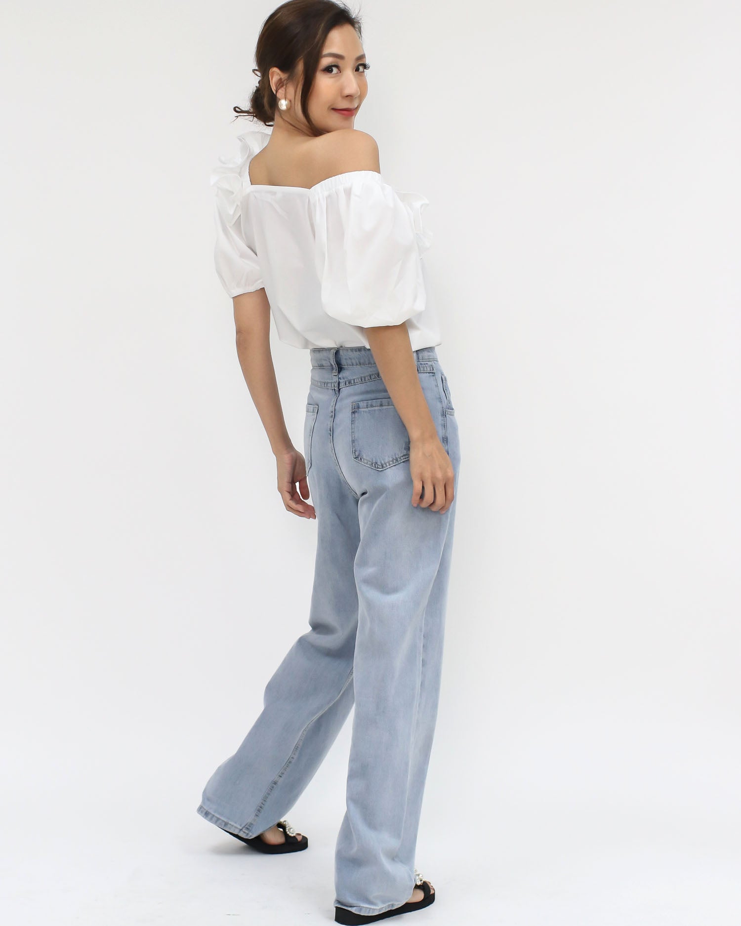 ivory pleats ruffles off shoulders shirt top