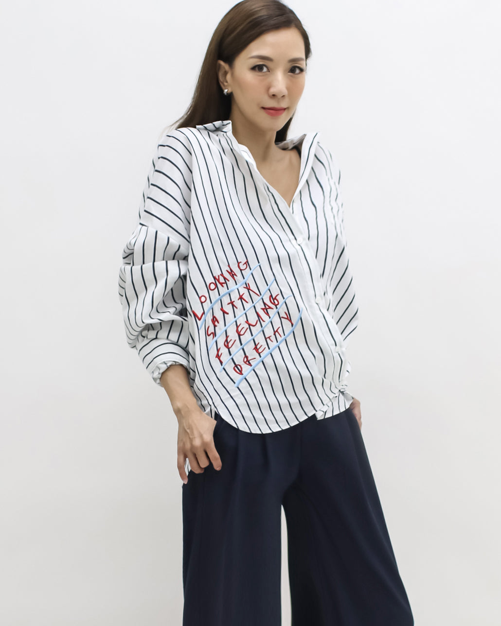 ivory & navy stripes w/ embroidered front shirt *pre-order*