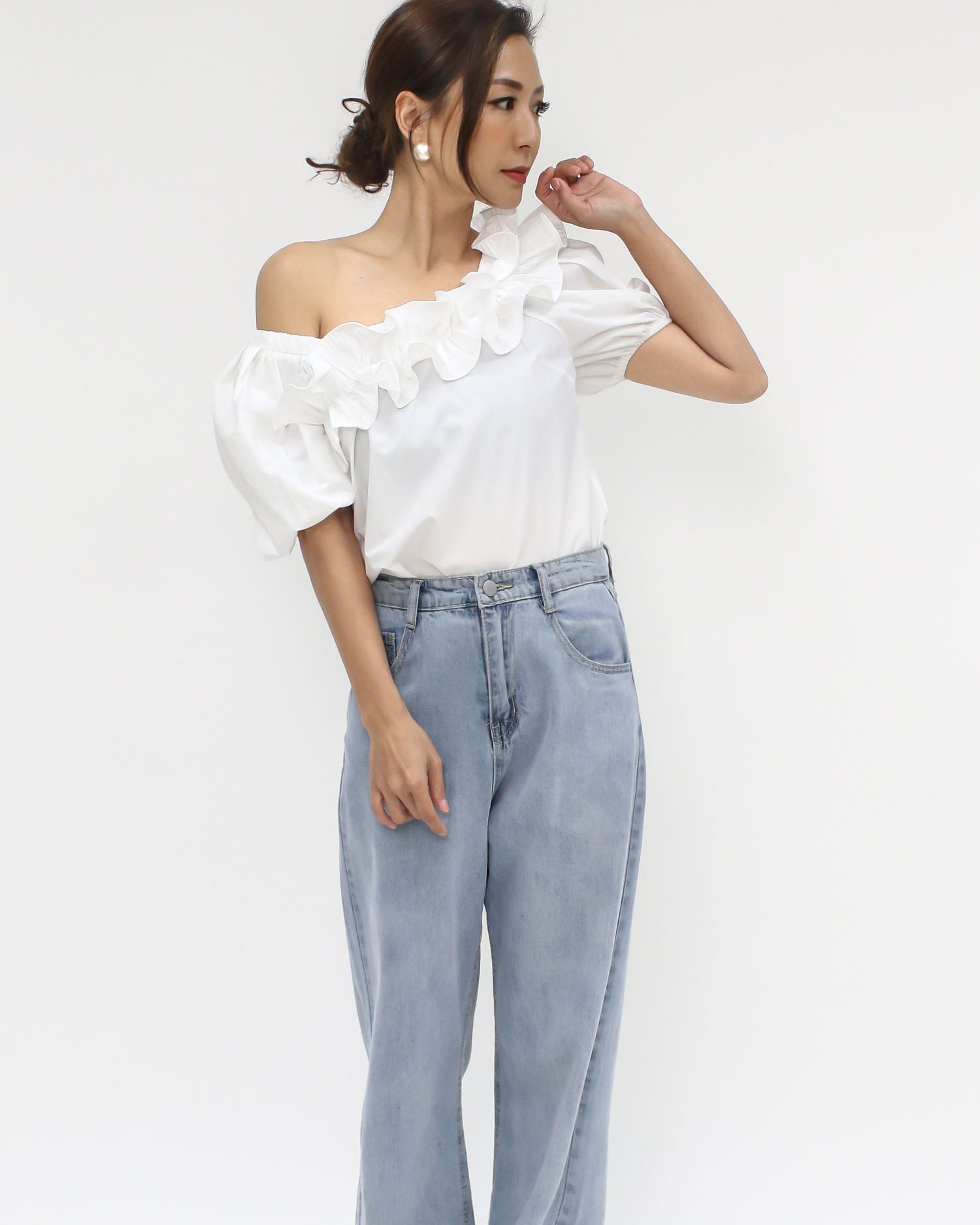 ivory pleats ruffles off shoulders shirt top