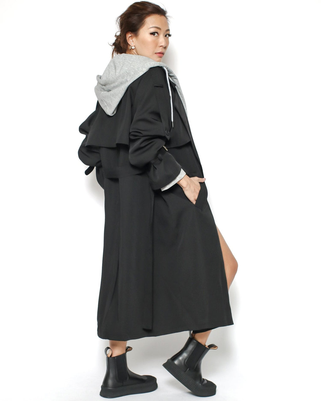 black trench jacket & grey hoodie set with belt*pre-order*