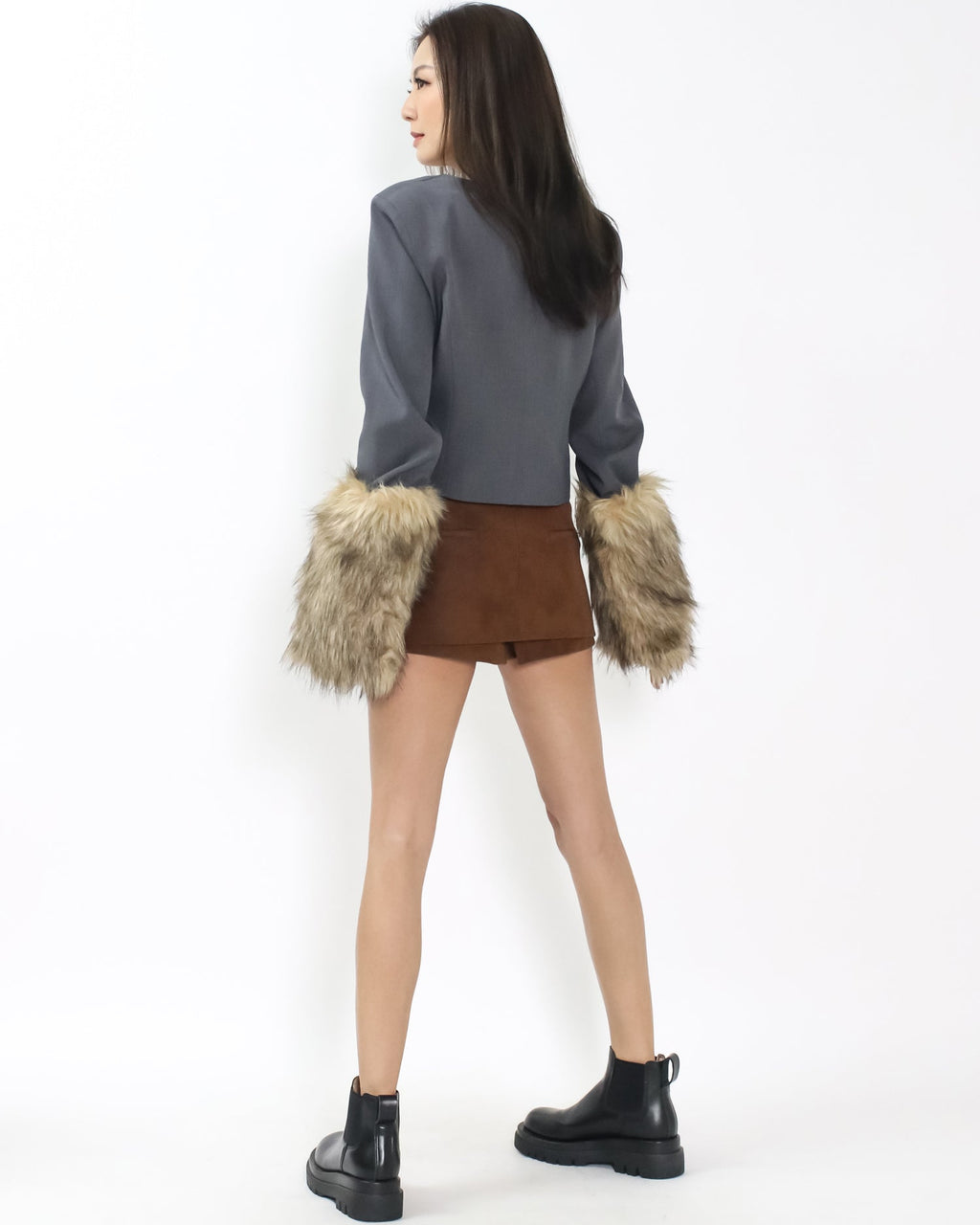 grey w/ beige faux fur sleeves off shoulder jacket