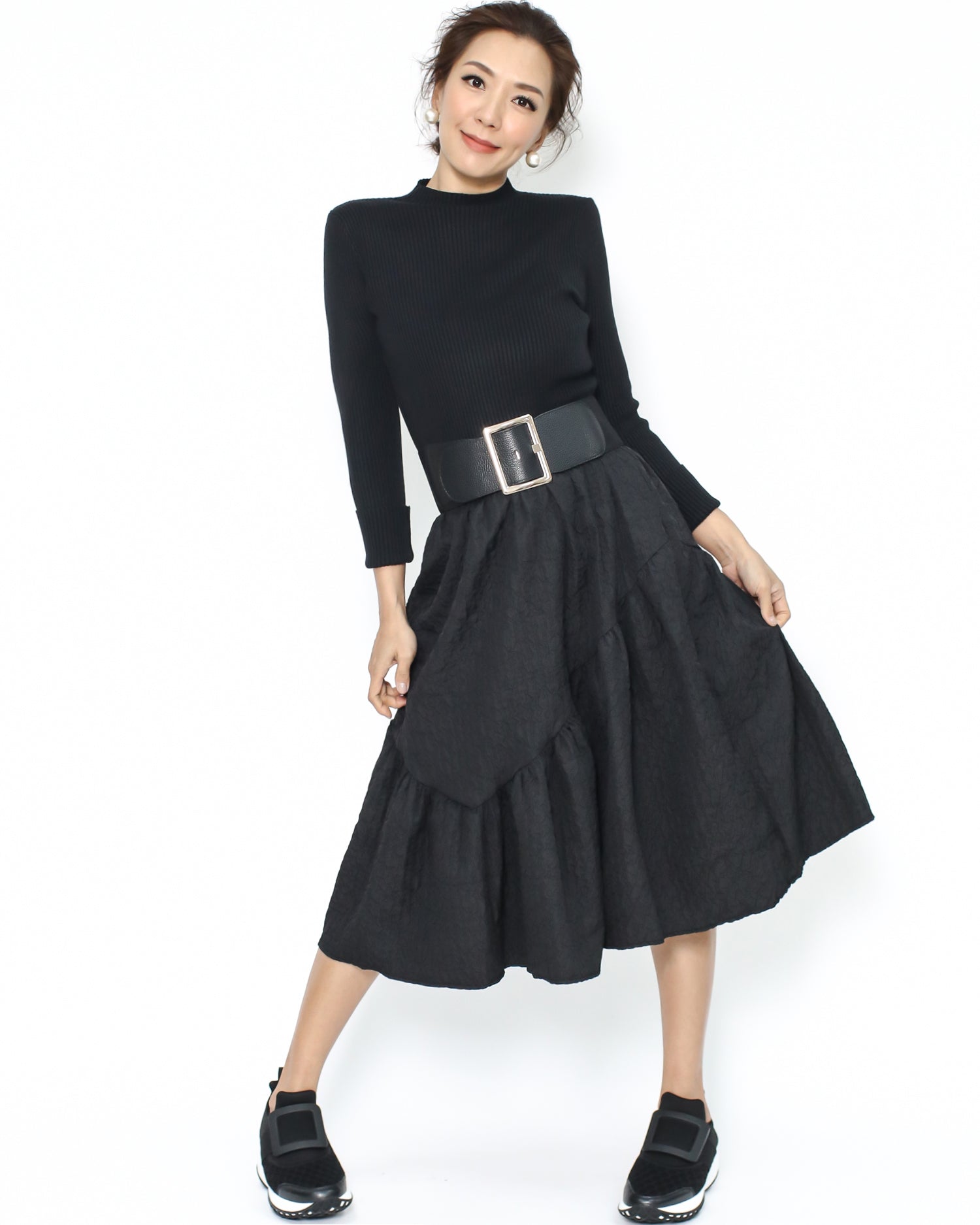 black knitted & texture flare dress