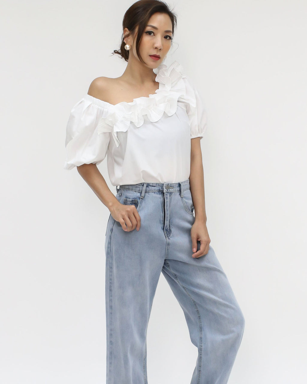 ivory pleats ruffles off shoulders shirt top