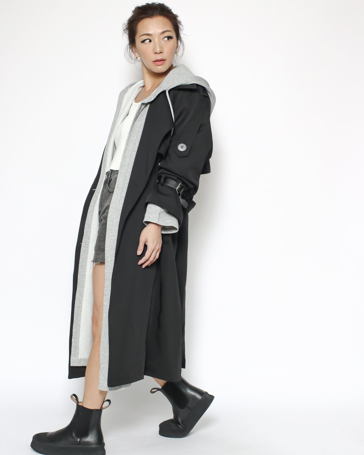 black trench jacket & grey hoodie set with belt*pre-order*