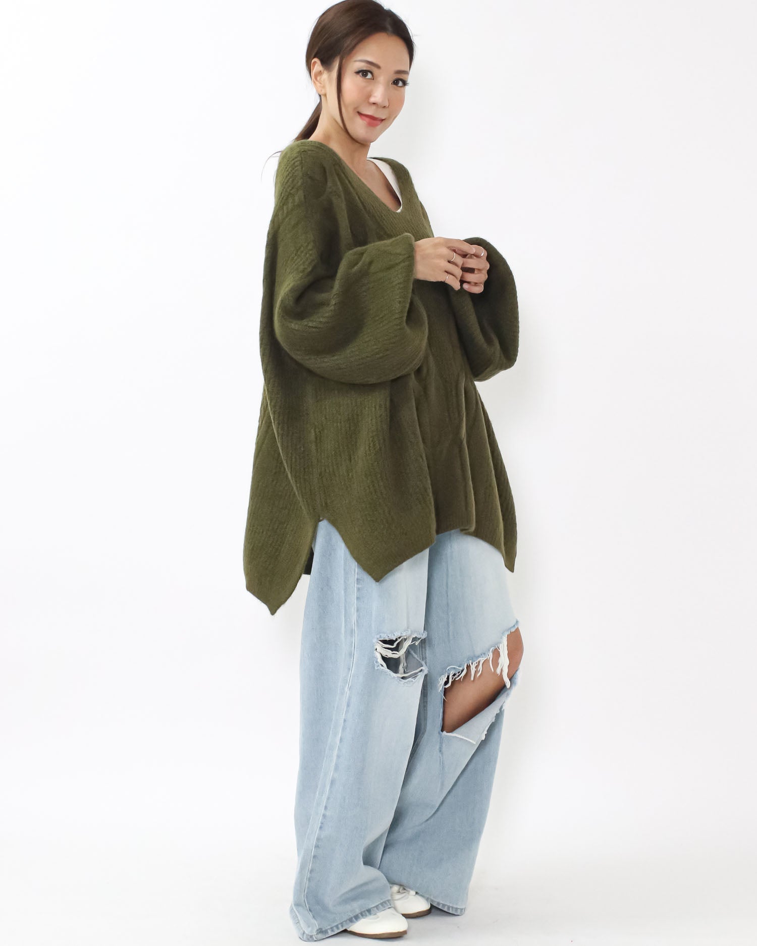 green twisted knitted longline top