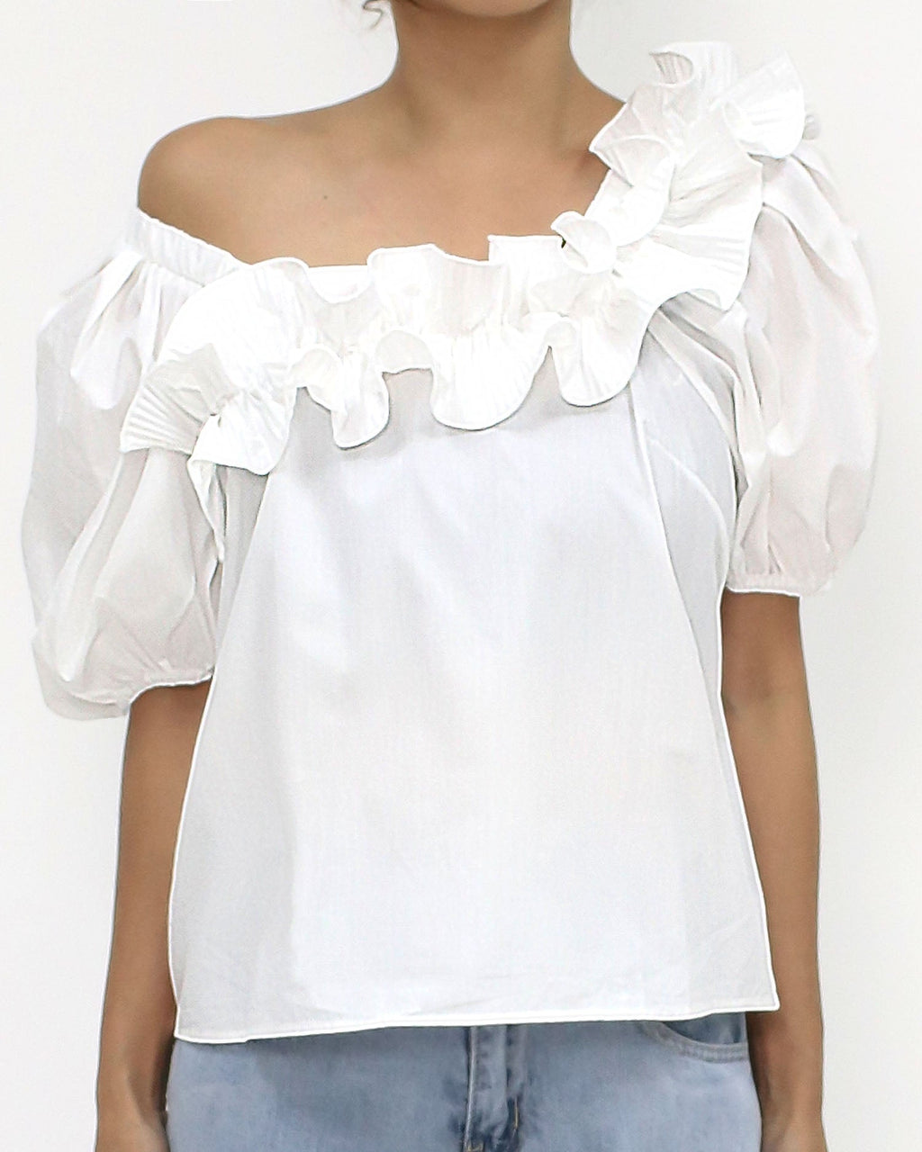 ivory pleats ruffles off shoulders shirt top