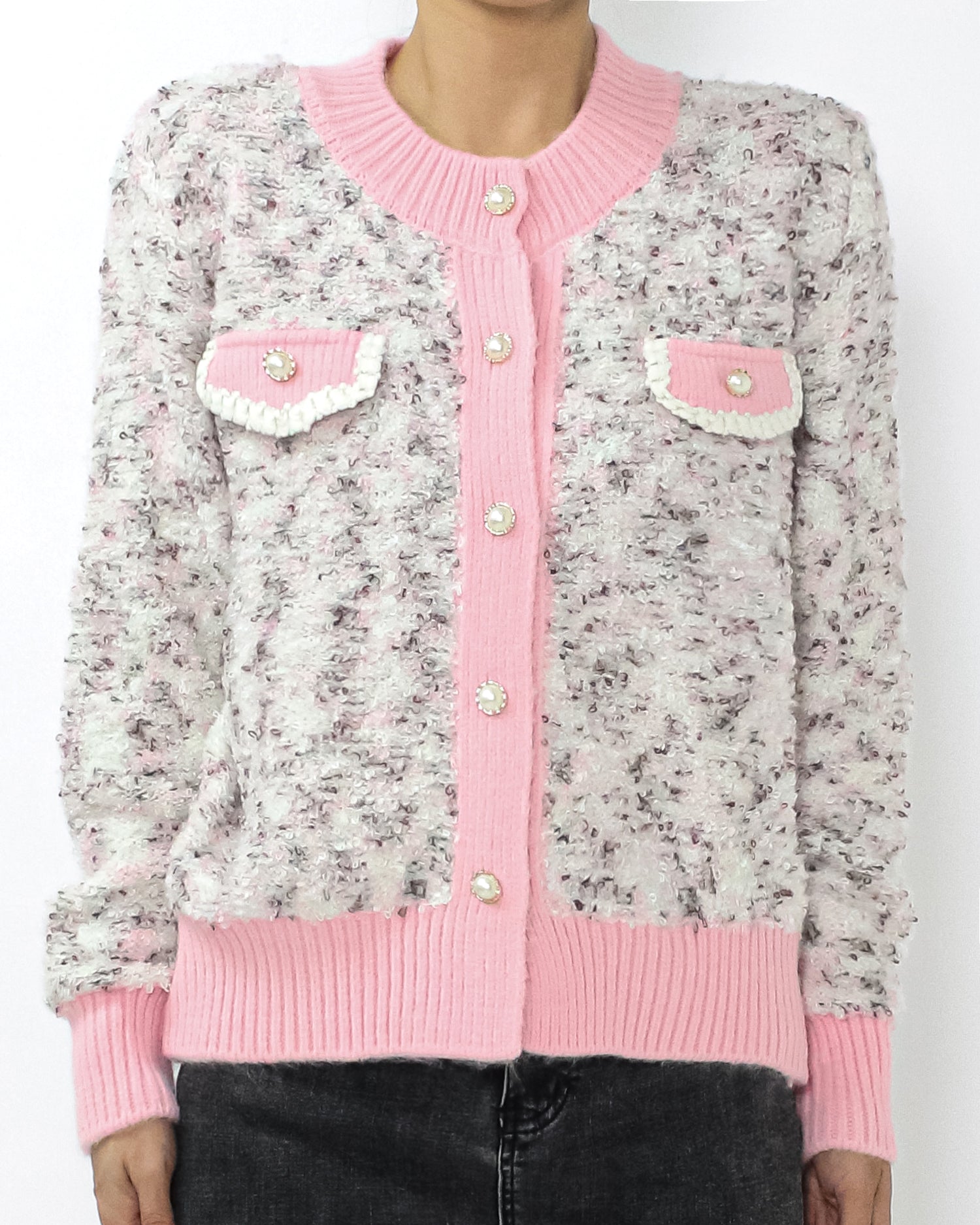 ivory marl w/ pink trim boucle knitted cardigan *pre-order*