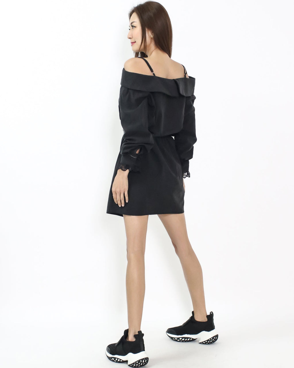 black cutout shoulders strappy lace shirt dress *pre-order*